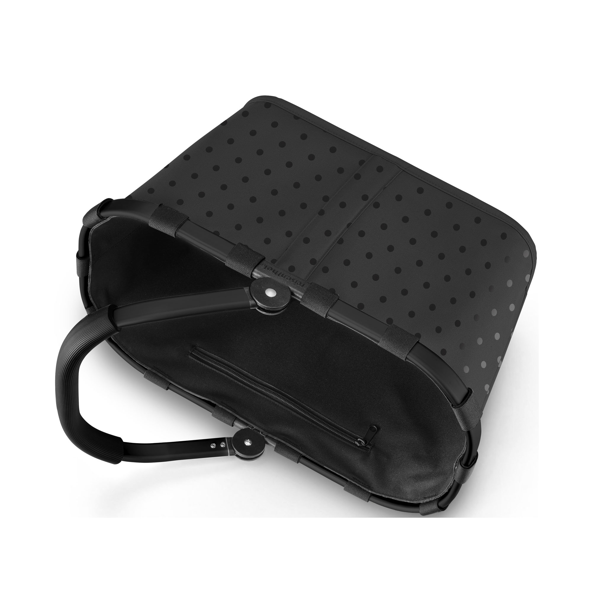 Innenansicht des schwarzen Reisenthel Carrybag mit Reißverschlussfach und stabilem Aluminiumrahmen