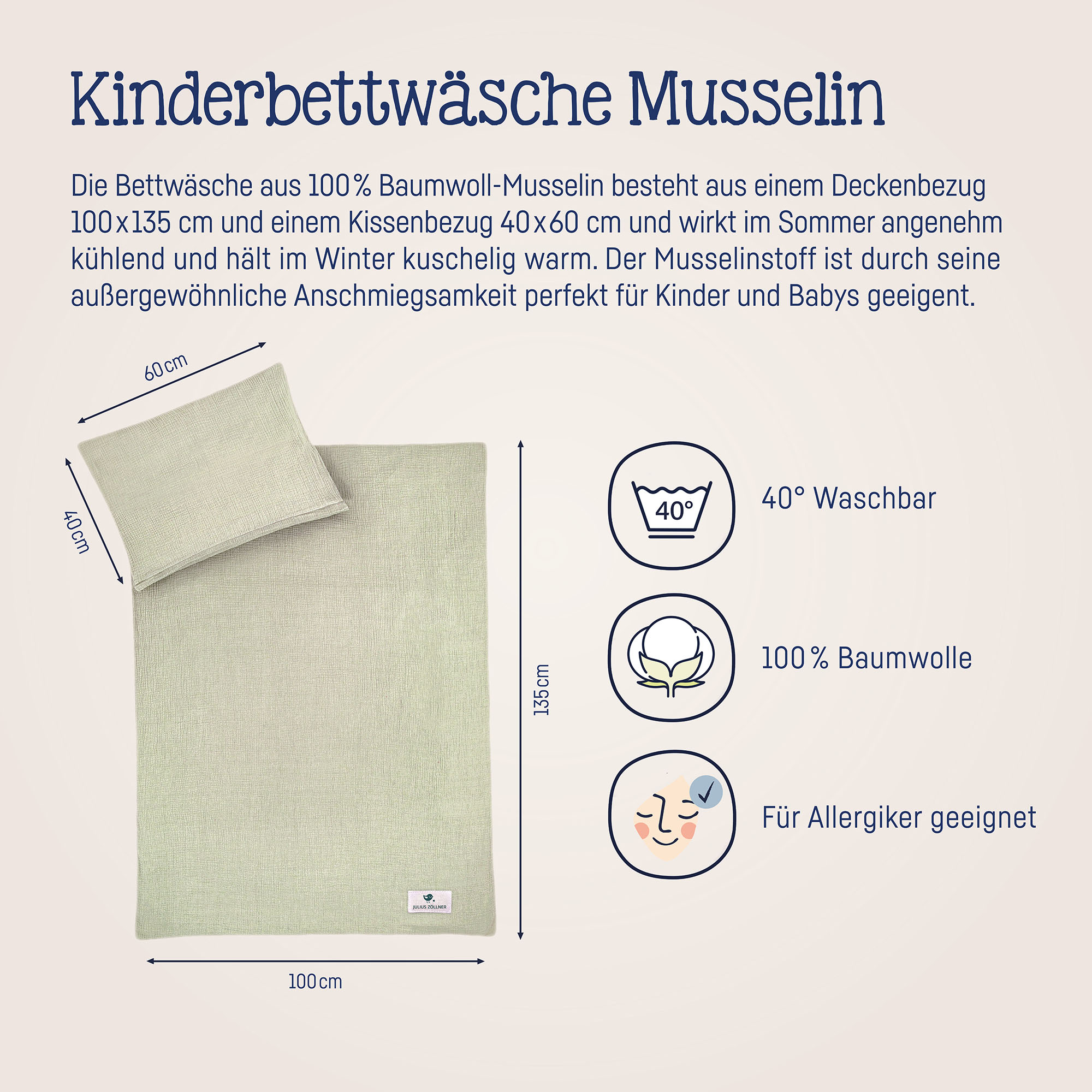 Grafik mit Limegrüner Kinderbettwäsche aus Musselin, Maßen und Symbolen zu Waschbarkeit, Baumwolle und Eignung für Allergiker
