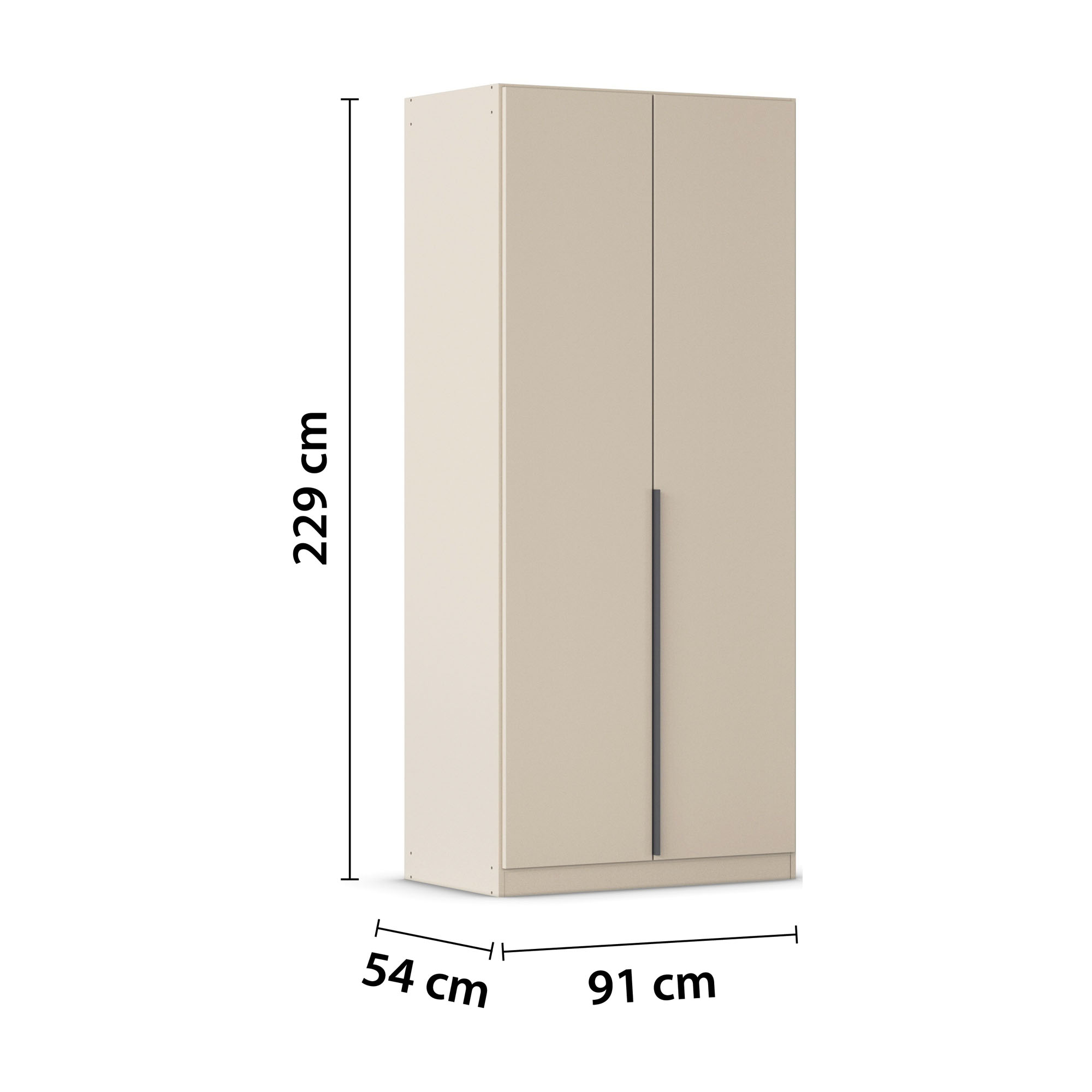 Champagnerfarbener 2-türiger Kleiderschrank mit Maßangaben Breite 91 cm, Höhe 229 cm und Tiefe 54 cm