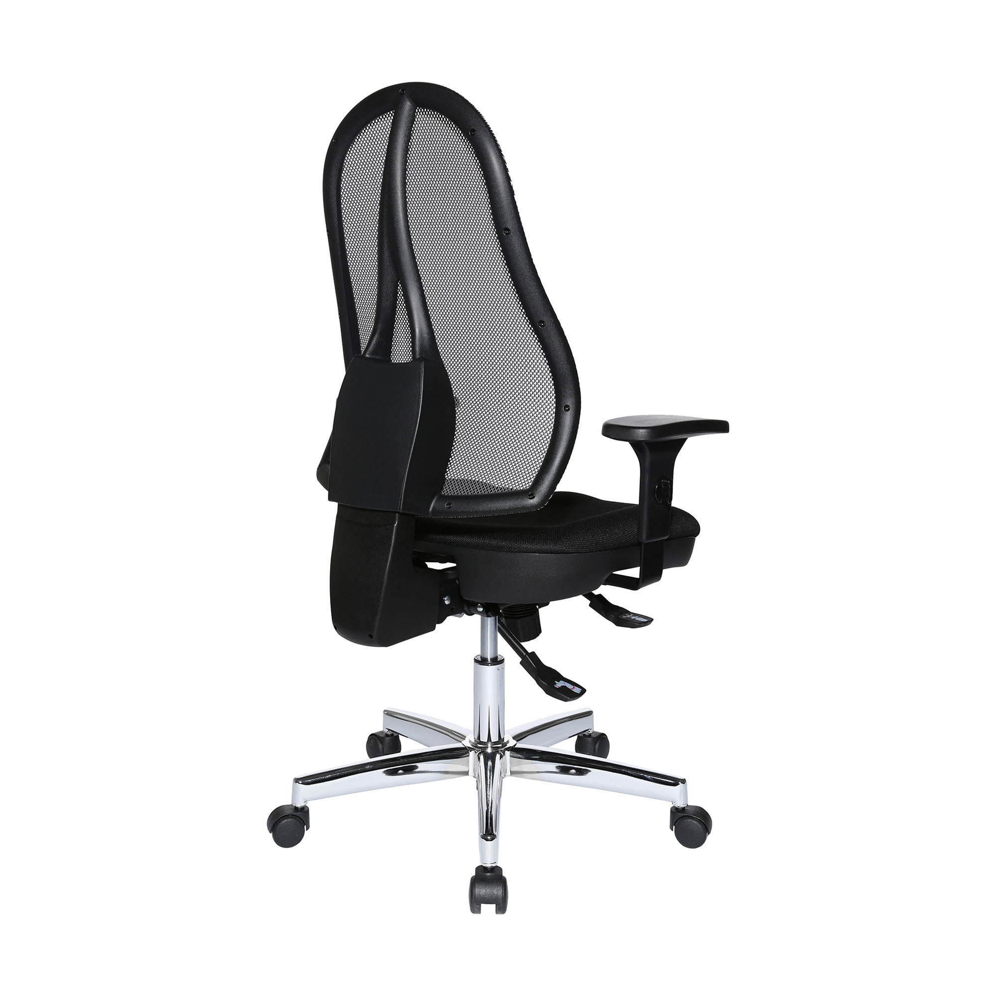 Schwarz-grauer Drehstuhl schräg von hinten; sichtbar sind Netzlehne, schwarze Rückenstütze, Armlehnen und Rollenfuß.