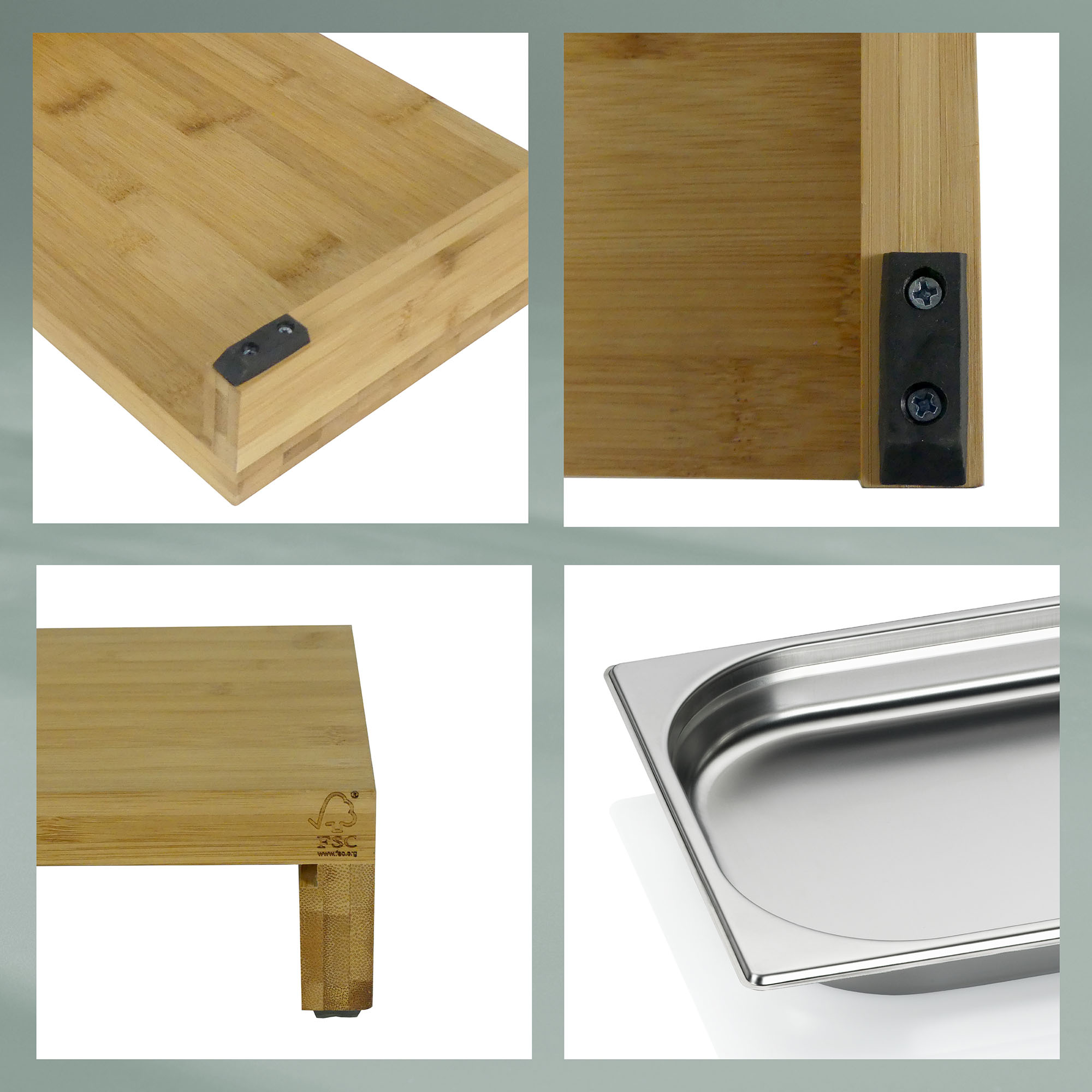 Vier Detailbilder zeigen die Unterseite die Holzmaserung einen Standfuß und die herausnehmbare silberfarbene Schale des Schneidebretts