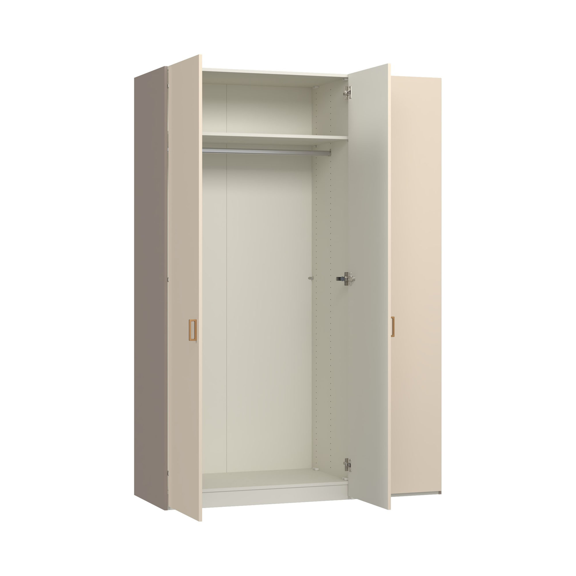 dreitüriger Kleiderschrank mit weit geöffneten Türen und vollständig sichtbarer Innenaufteilung