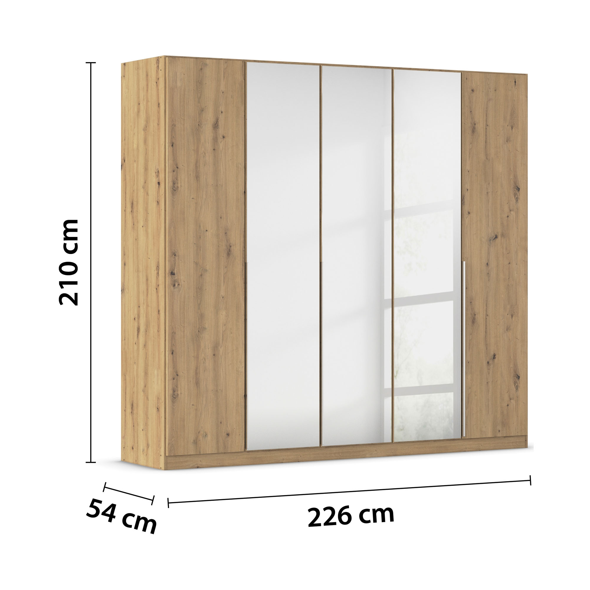 Kleiderschrank in Eiche Artisan mit eingezeichneten Maßen von 226 cm Breite, 210 cm Höhe und 54 cm Tiefe