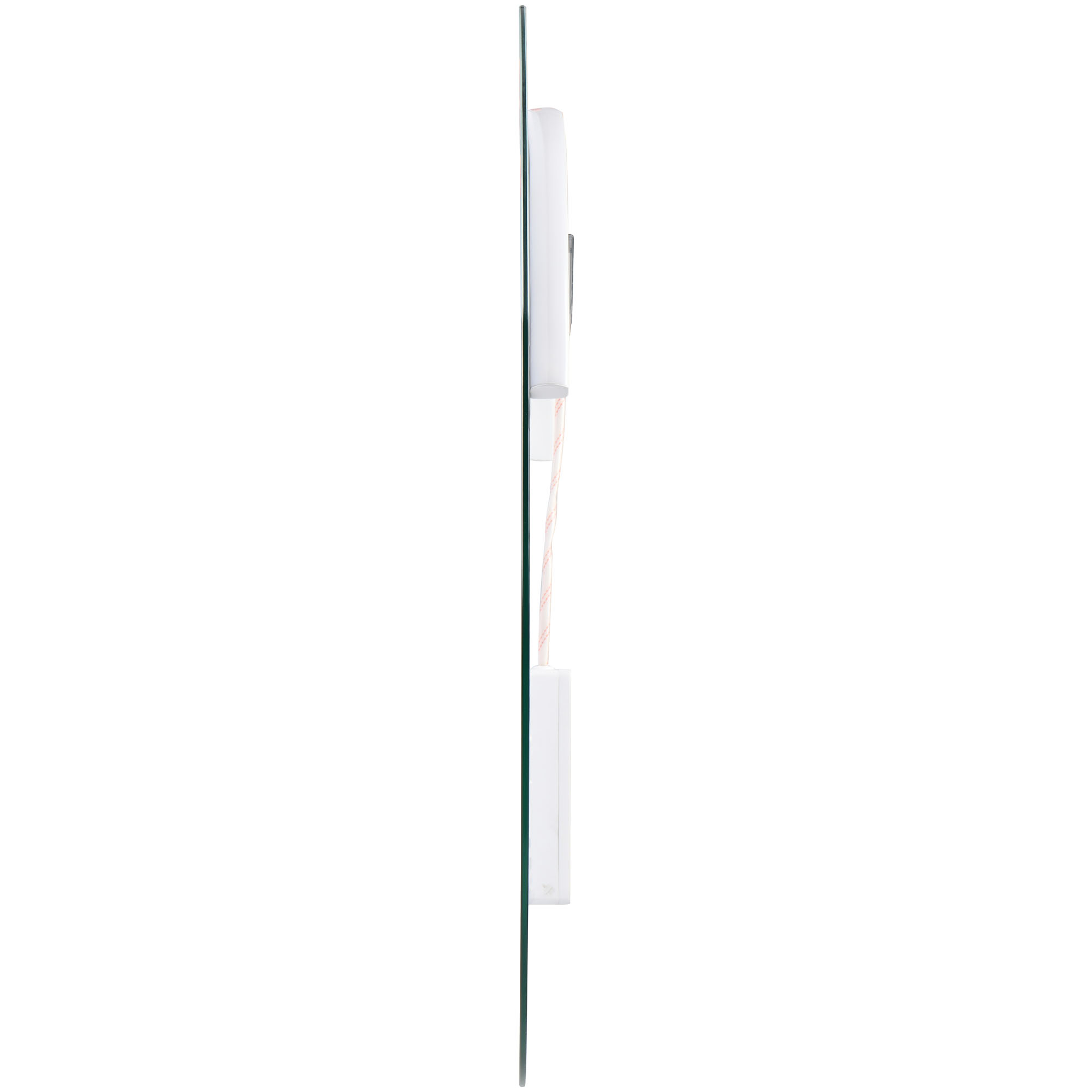 LED-Spiegel Agda, in sehr schmaler Seitenansicht mit sichtbarer Bautiefe; Maße ca. 60 x 60 x 4 cm.