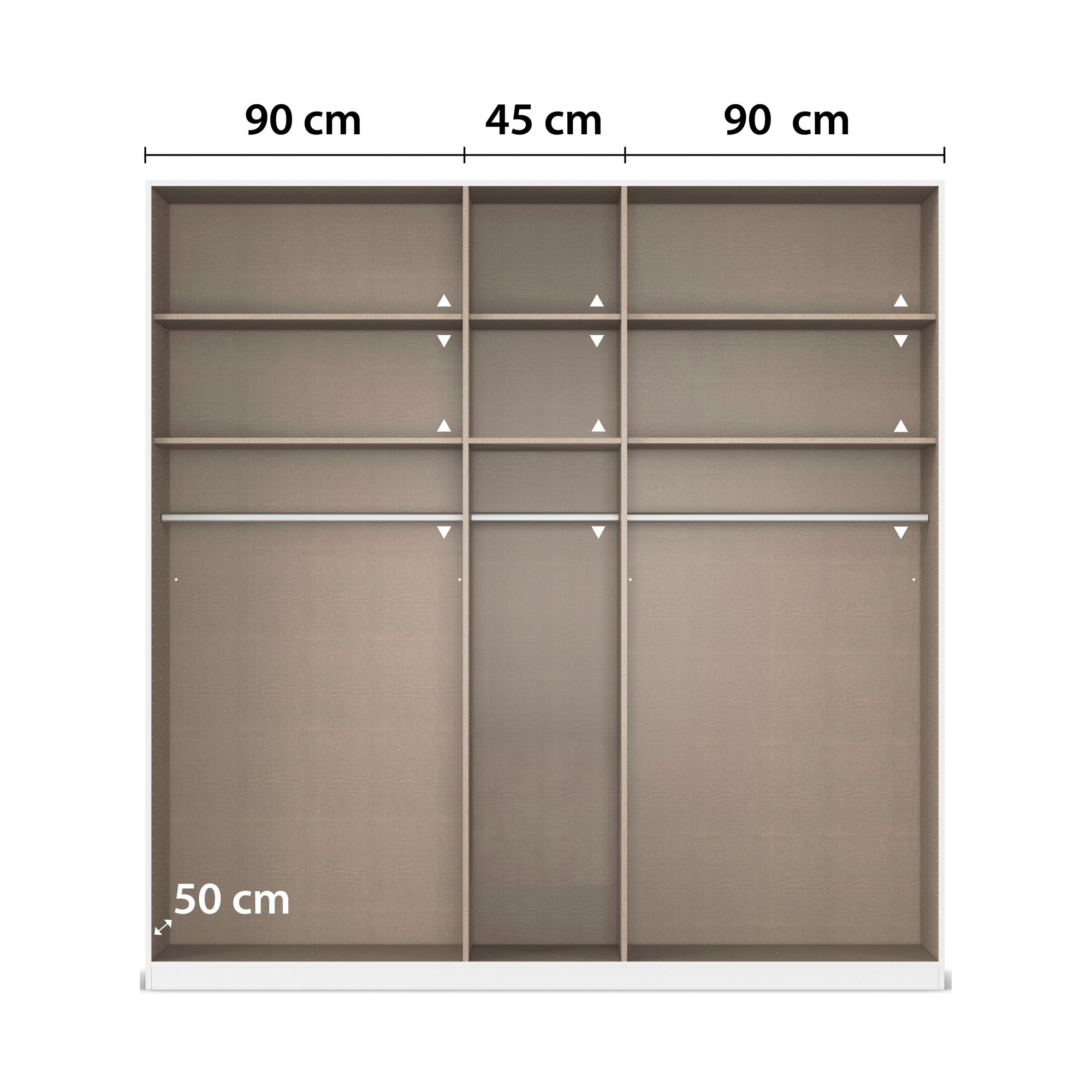 Innenansicht eines 5-türigen Kleiderschranks mit drei Fächern, Einlegeböden und Kleiderstangen, mittleres Fach 45 cm breit