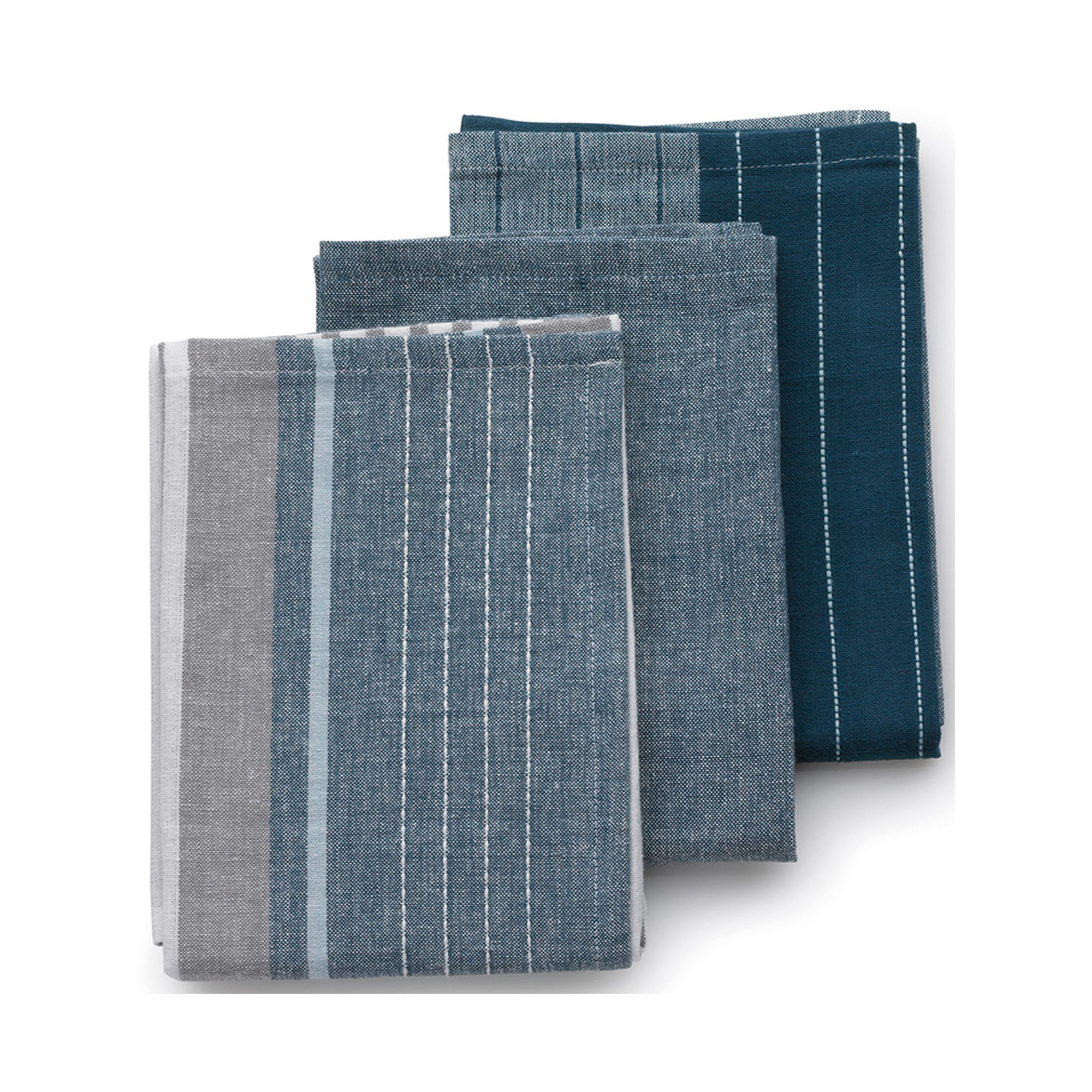 Drei zusammengelegte Geschirrtücher in Jeansblau Grau und Weiß mit unterschiedlichen Webmustern