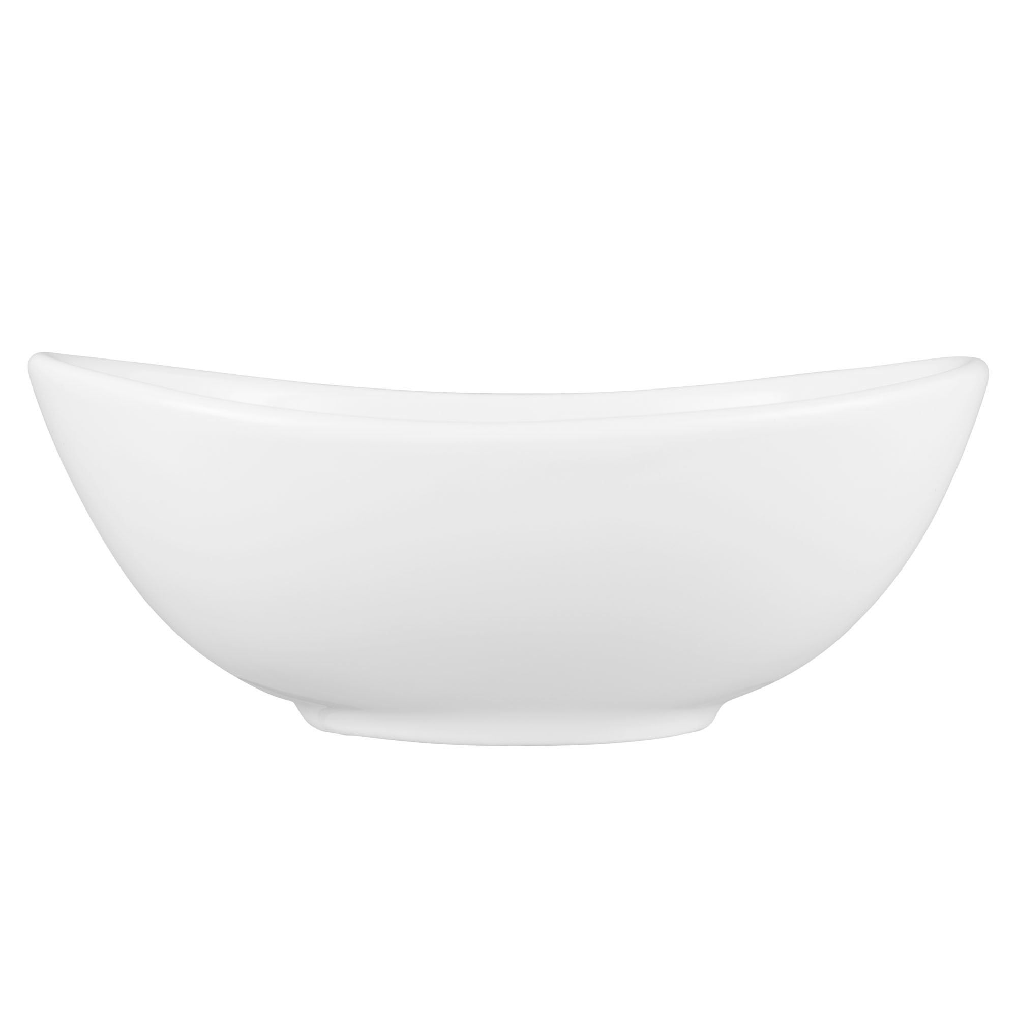 Seitenansicht: Schale in Weiß. Erkennbar: oval mit geschwungenem Rand und kleinem Fuß.