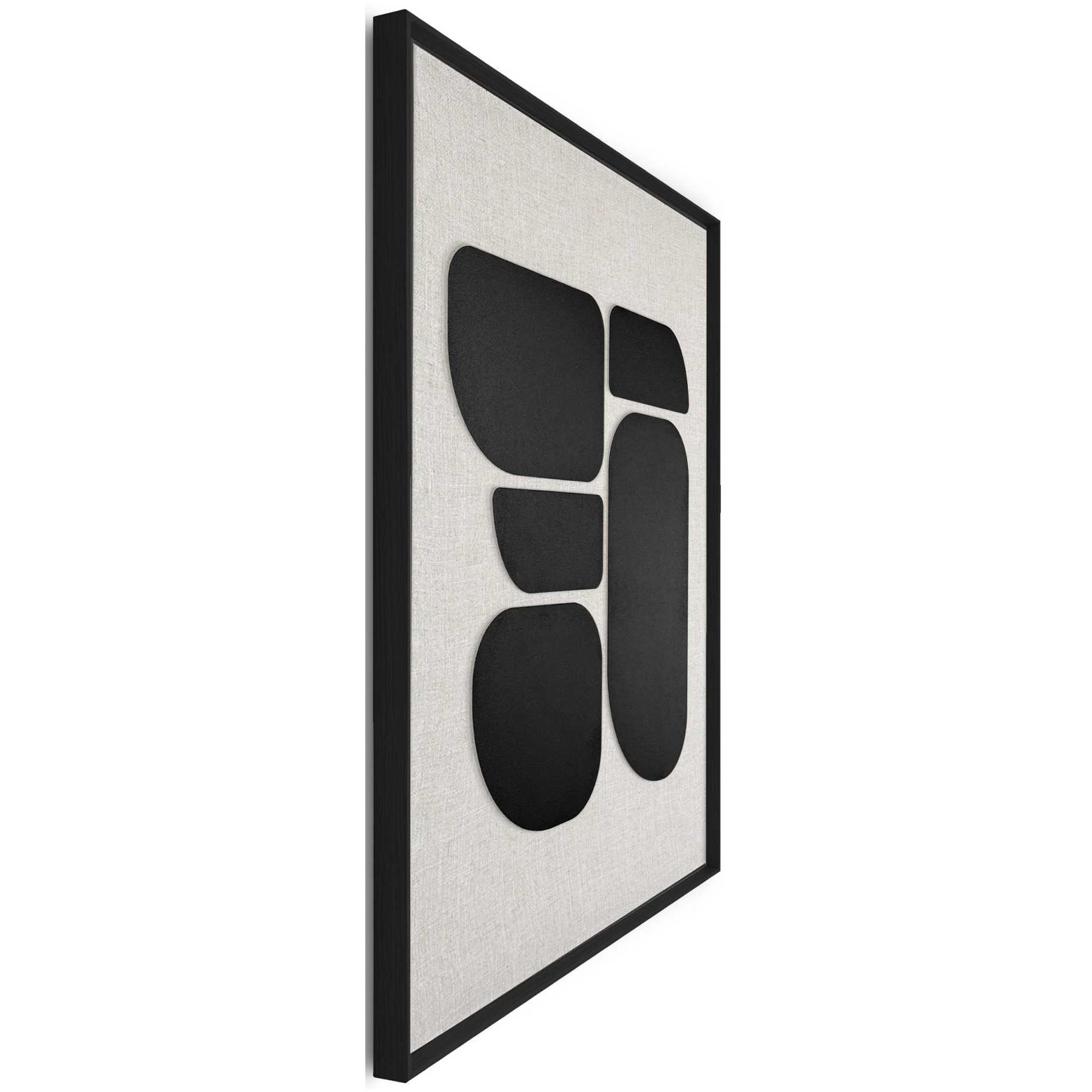 Seitliche Schrägansicht des Wandbilds „Organic Blocks Linen Black“, 50 × 70 cm; Profil, Kante und Tiefe des Bildes sind erkennbar.