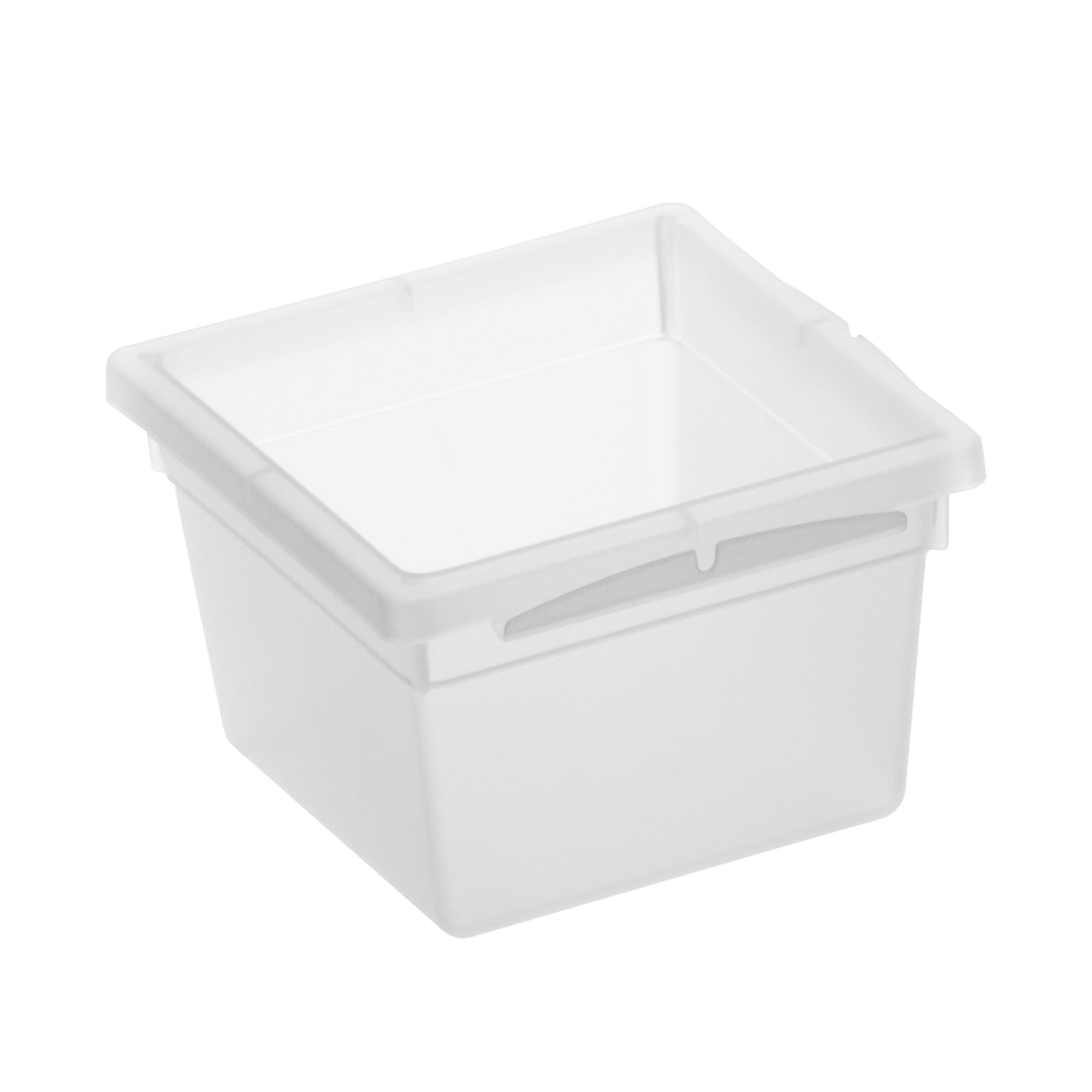 Quadratische Aufbewahrungsbox aus transparentem Kunststoff in schräger Ansicht