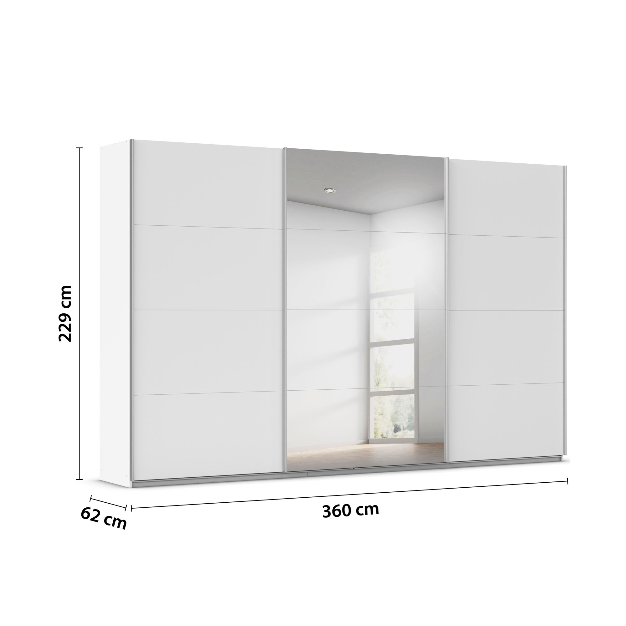 Darstellung der Maße eines Kleiderschranks mit 360 cm Breite, 229 cm Höhe und 62 cm Tiefe