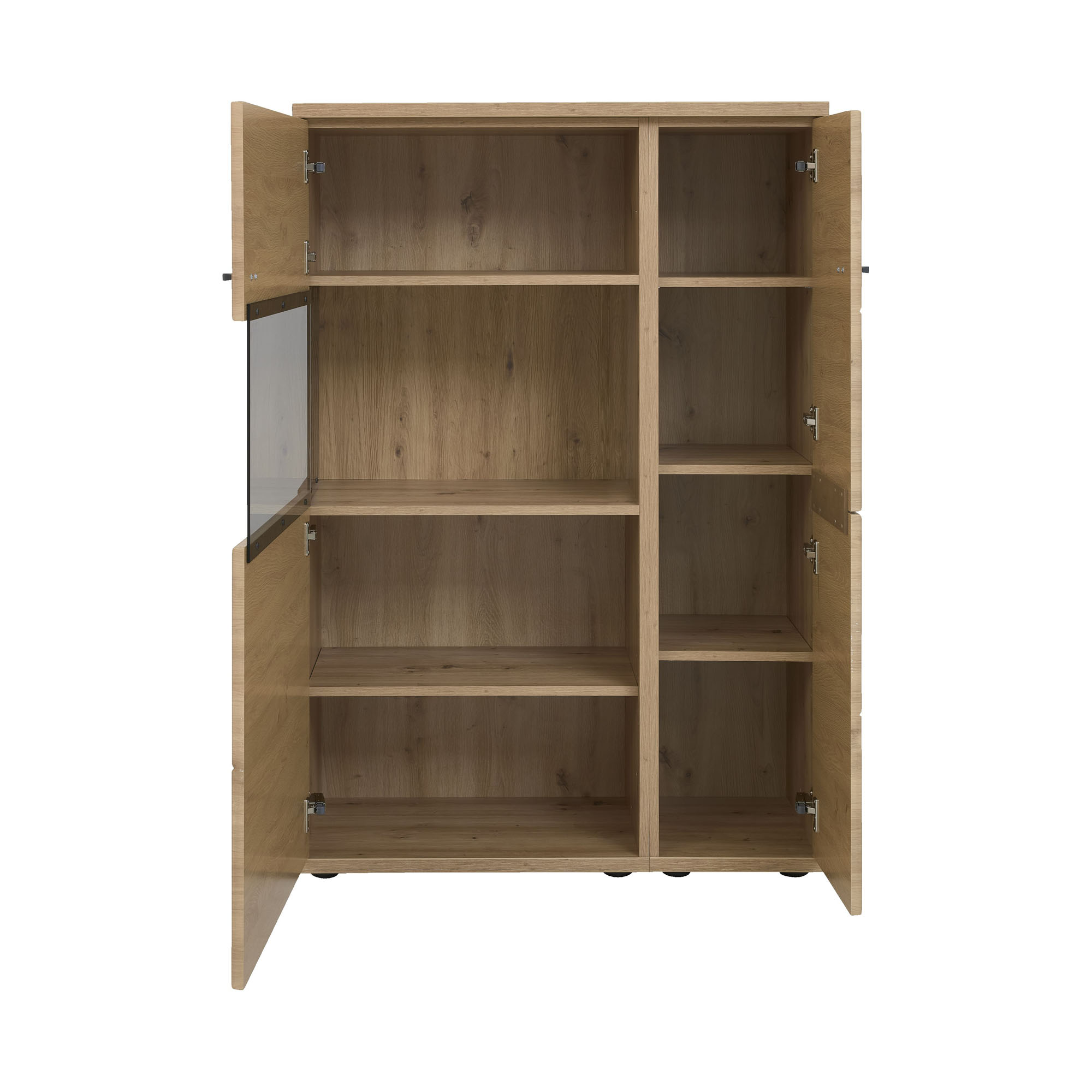Interliving 2110 Highboard mit geöffneten Türen und sichtbaren Innenfächern