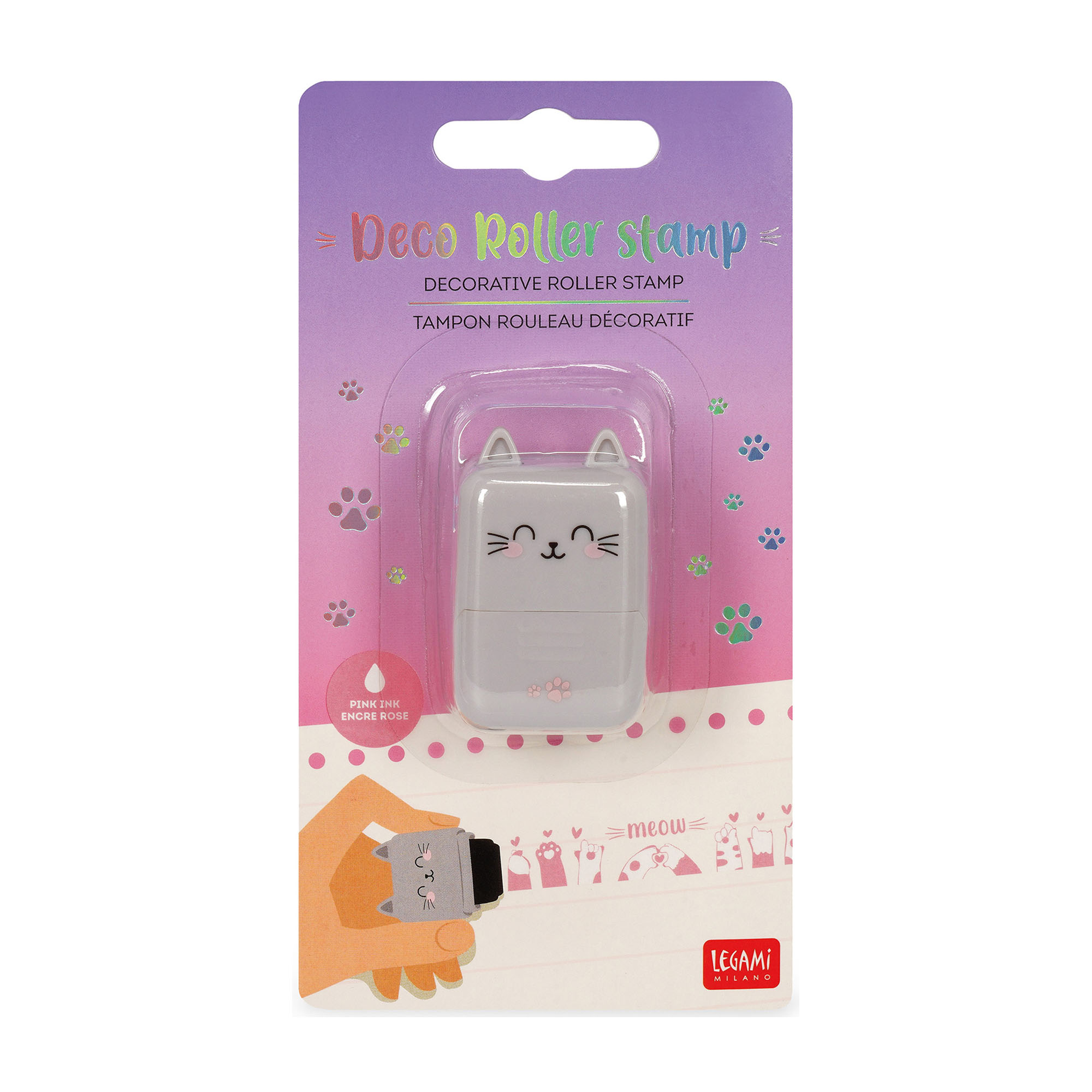 Grauer Deko-Rollstempel im Katzen-Design, in einer transparenten Blisterverpackung gezeigt.