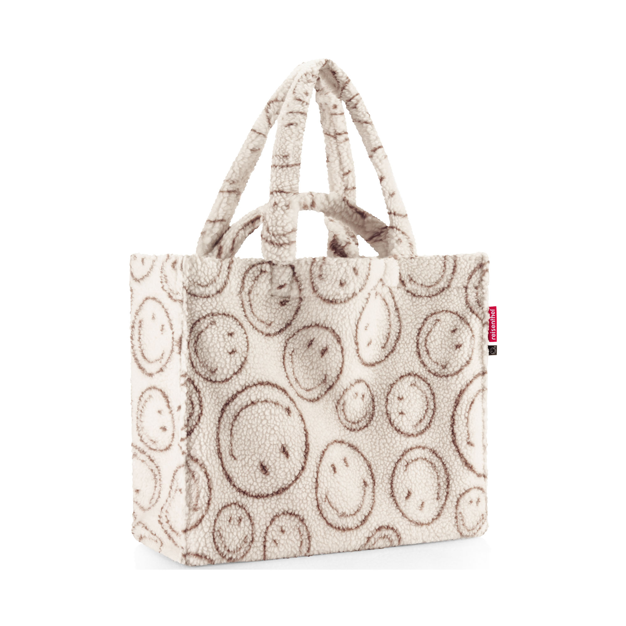 Shopper von Reisenthel, Modell Softshopper, in Creme und Braun mit Smiley-Muster aus Teddyfleece, frontal mit langen und kurzen Tragegriffen