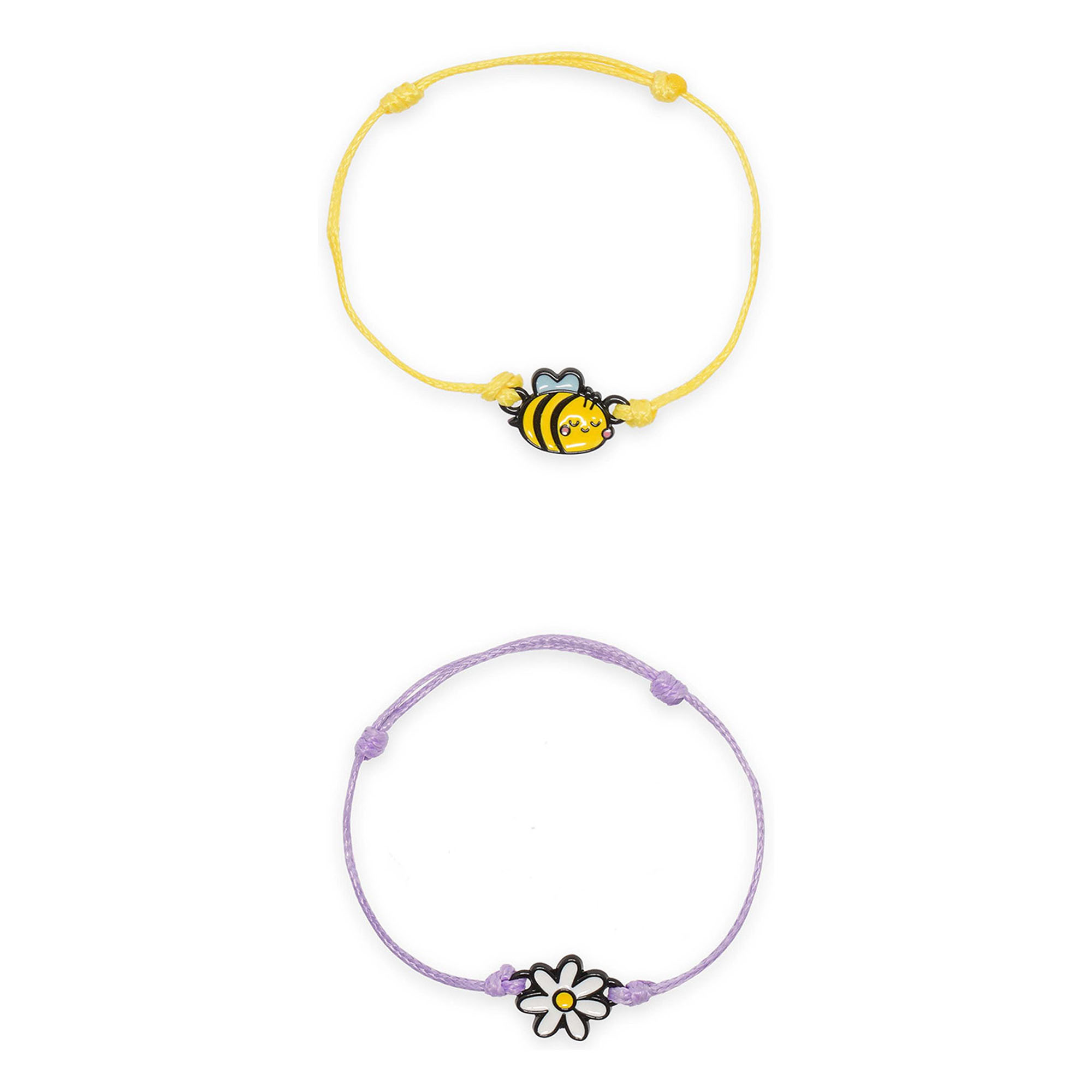 Zwei Armbänder mit Bienen- und Blumenanhänger, mit zwei Armbändern einzeln untereinander dargestellt.