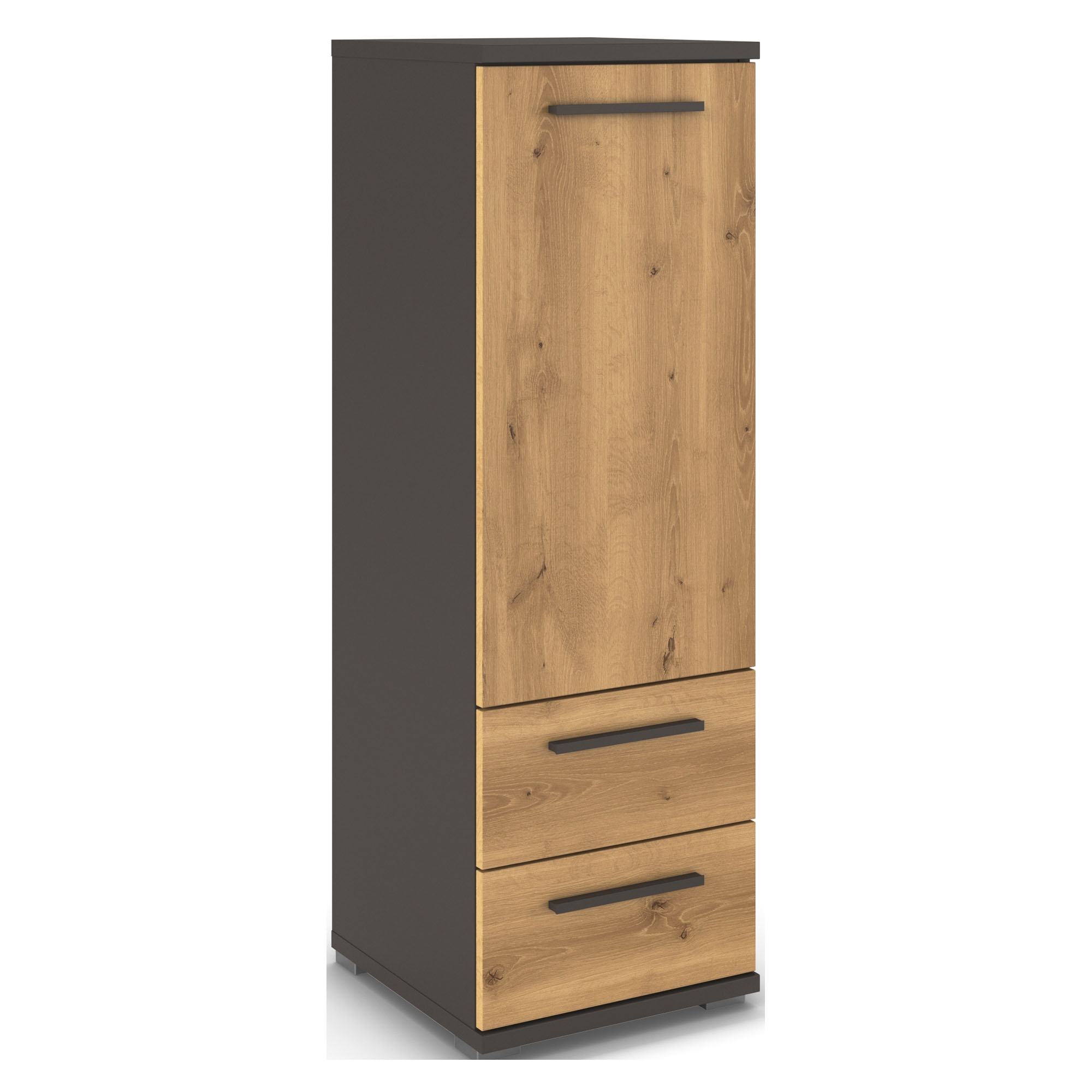 Kommode in Graphit mit Dekor Asteiche, 2 Schubkästen und 1 Tür, in Schrägansicht dargestellt.