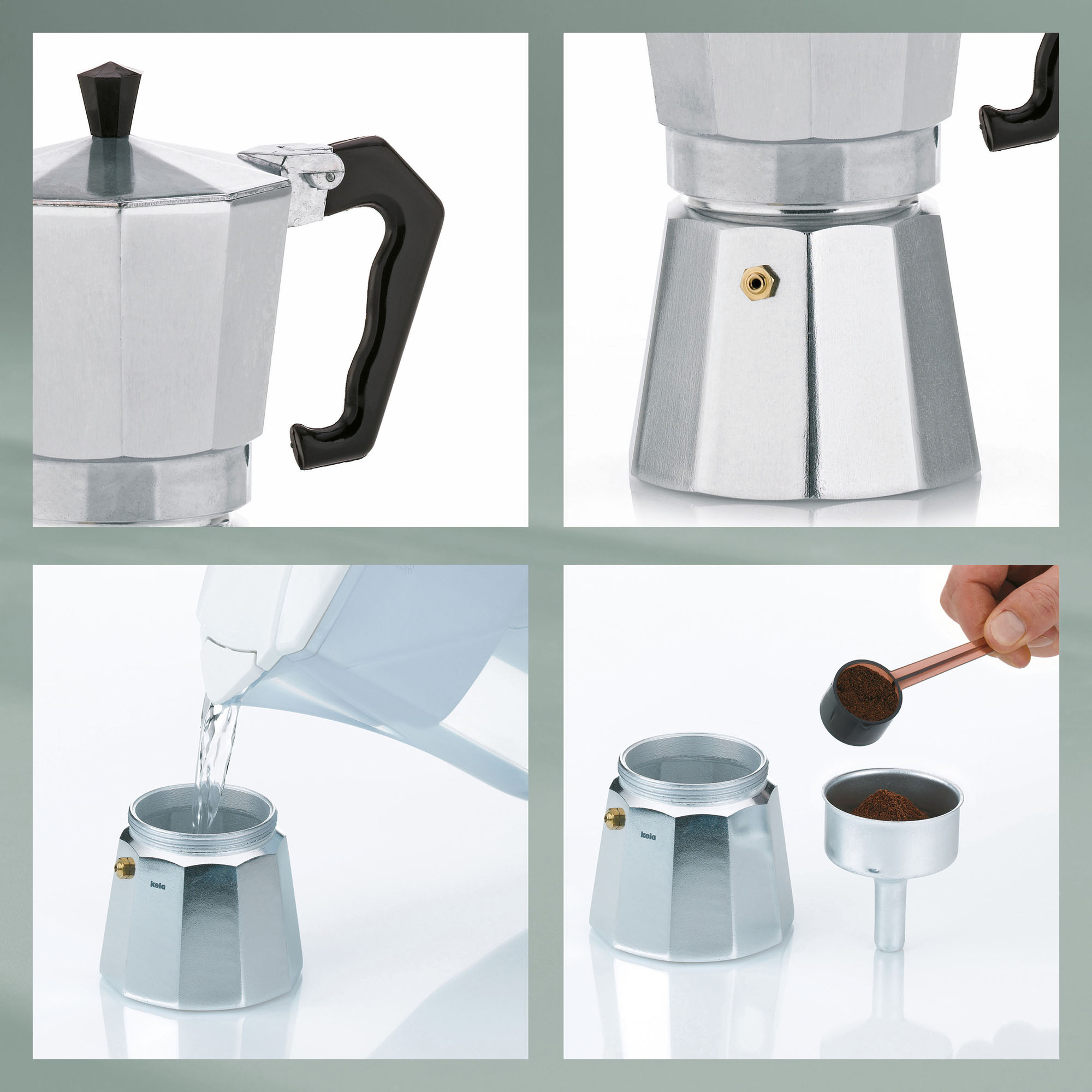 Vier Nahaufnahmen des Espressobereiters mit schwarzem Griff, Sicherheitsventil, geöffnetem Unterteil und eingefülltem Wasser
