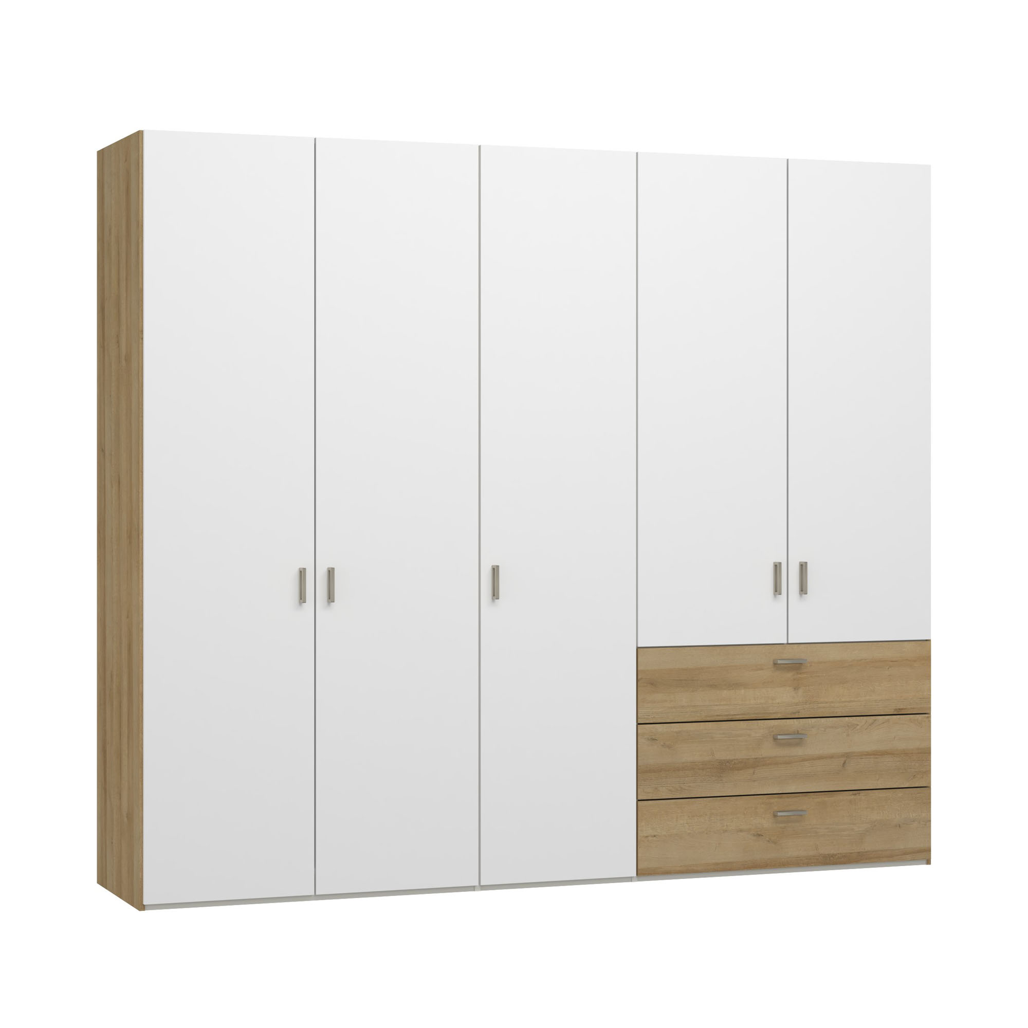 großer Kleiderschrank mit weißen Drehtüren und drei Schubladen in Holzoptik