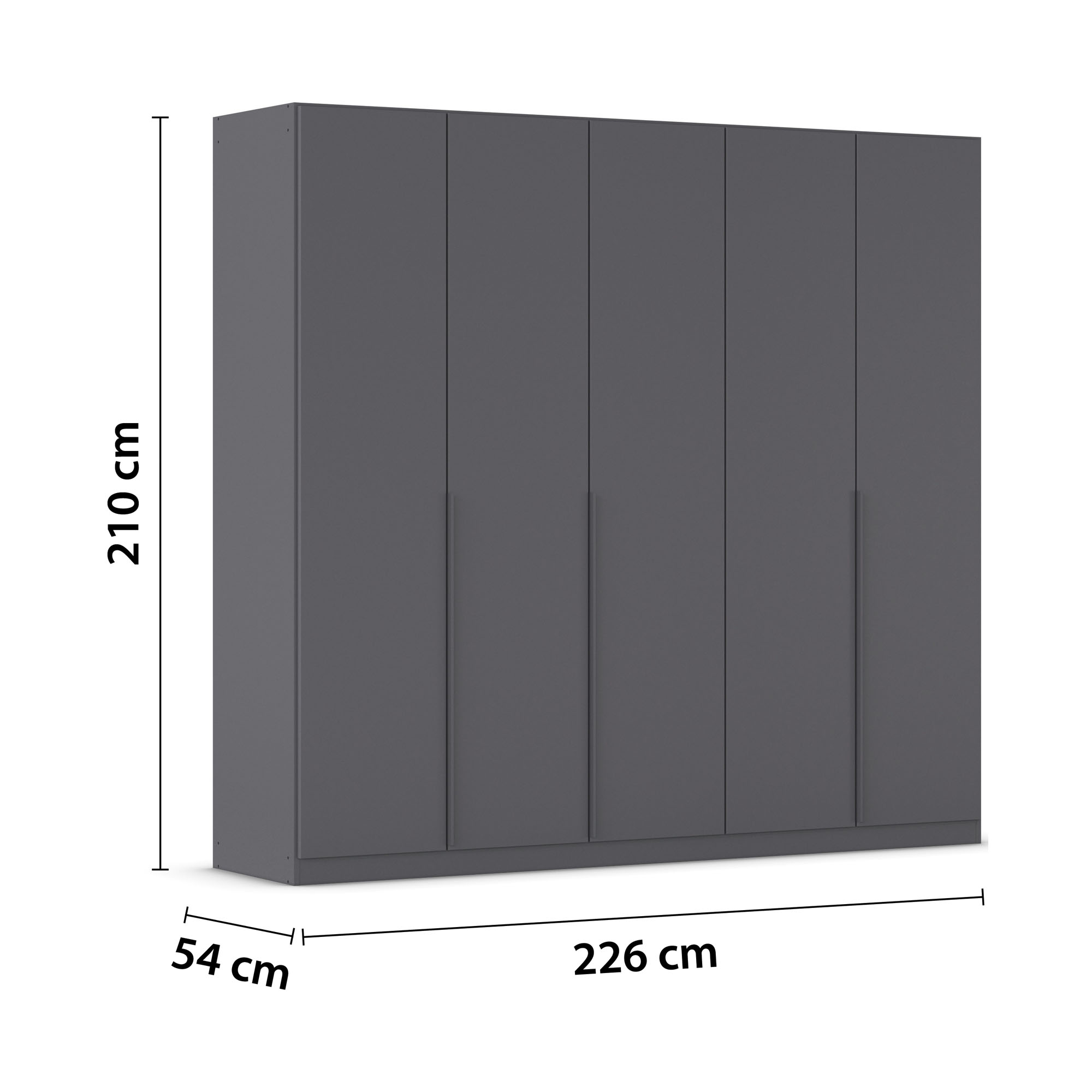 Grau-Metallicer 5-türiger Kleiderschrank mit Maßangaben Breite 226 cm, Höhe 210 cm und Tiefe 54 cm