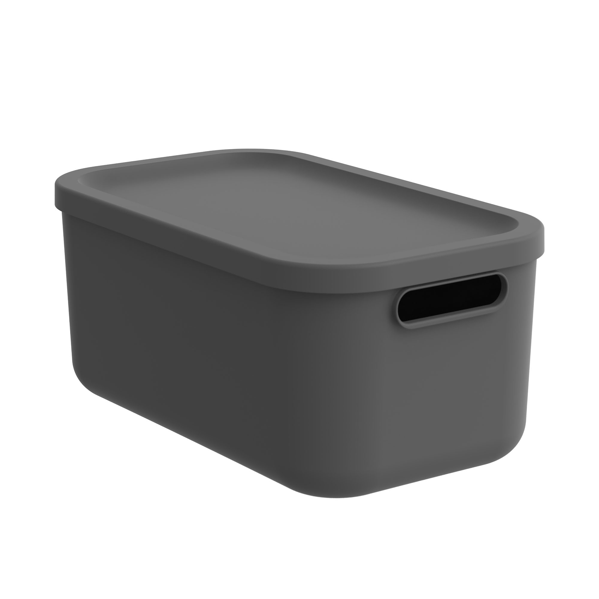 Rechteckige schwarze Aufbewahrungsbox aus Kunststoff mit passendem Deckel und Grifföffnung