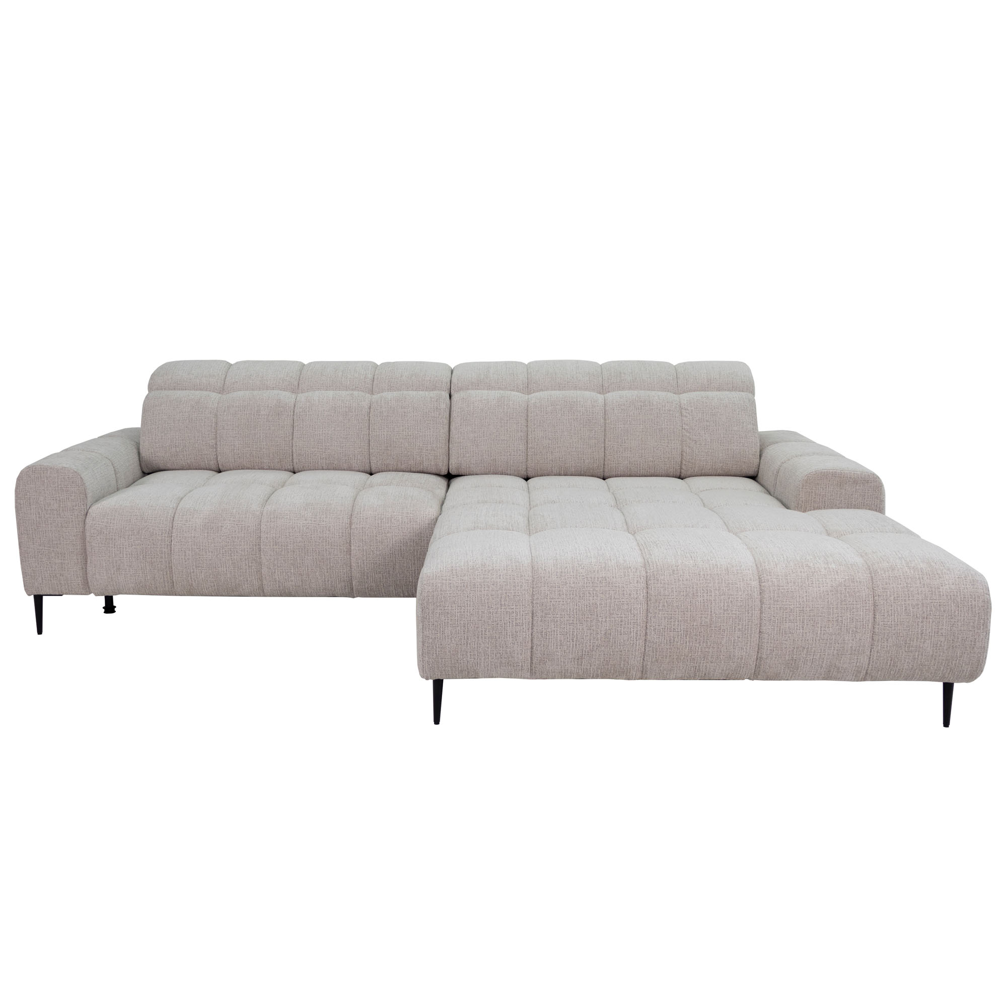 Frontalansicht des Ecksofas im Bezug B831 Kansas 5 linen mit gepolsterten Rückenlehnen und Ottomane rechts