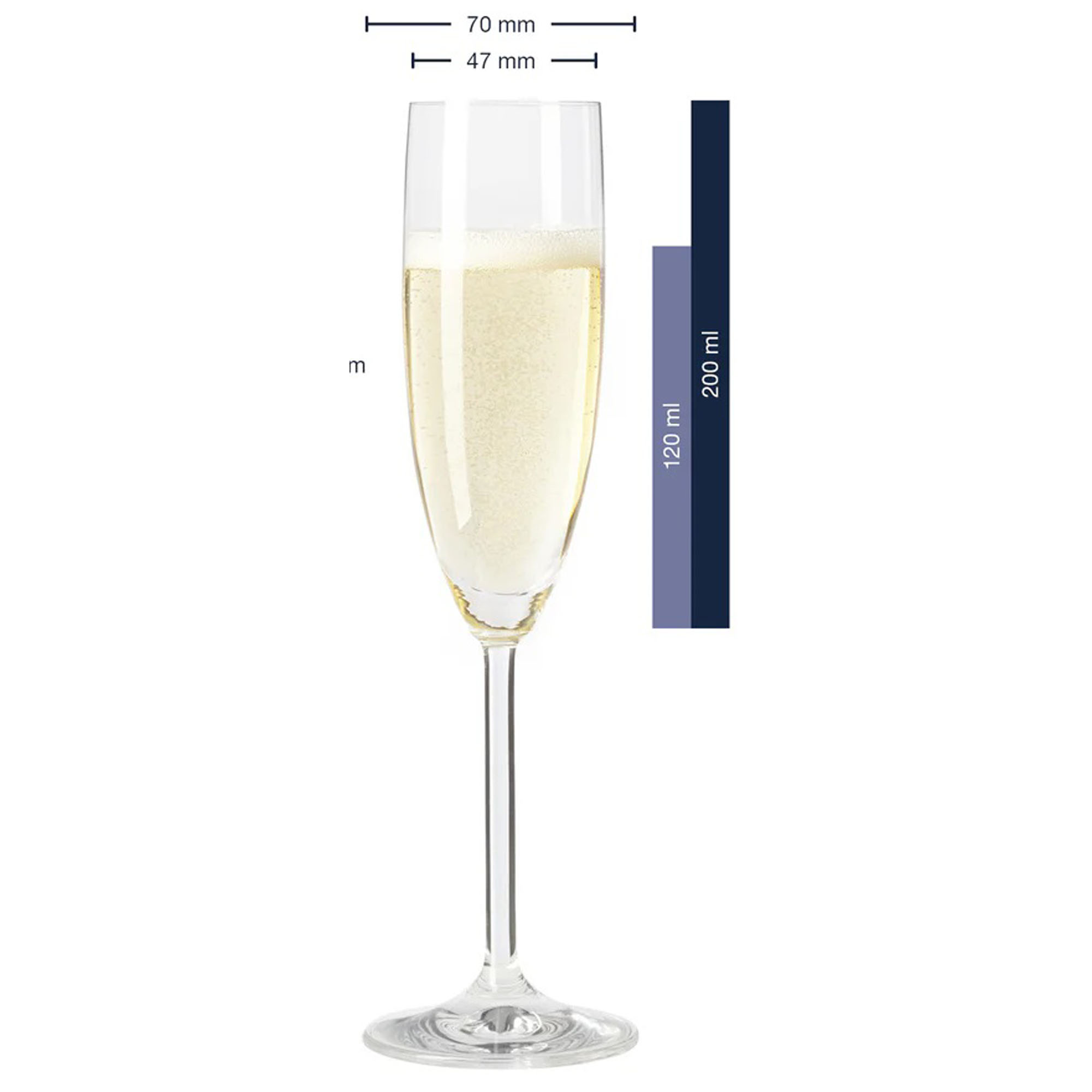 Sektglas mit eingezeichneten Maßen und Füllmengenangaben