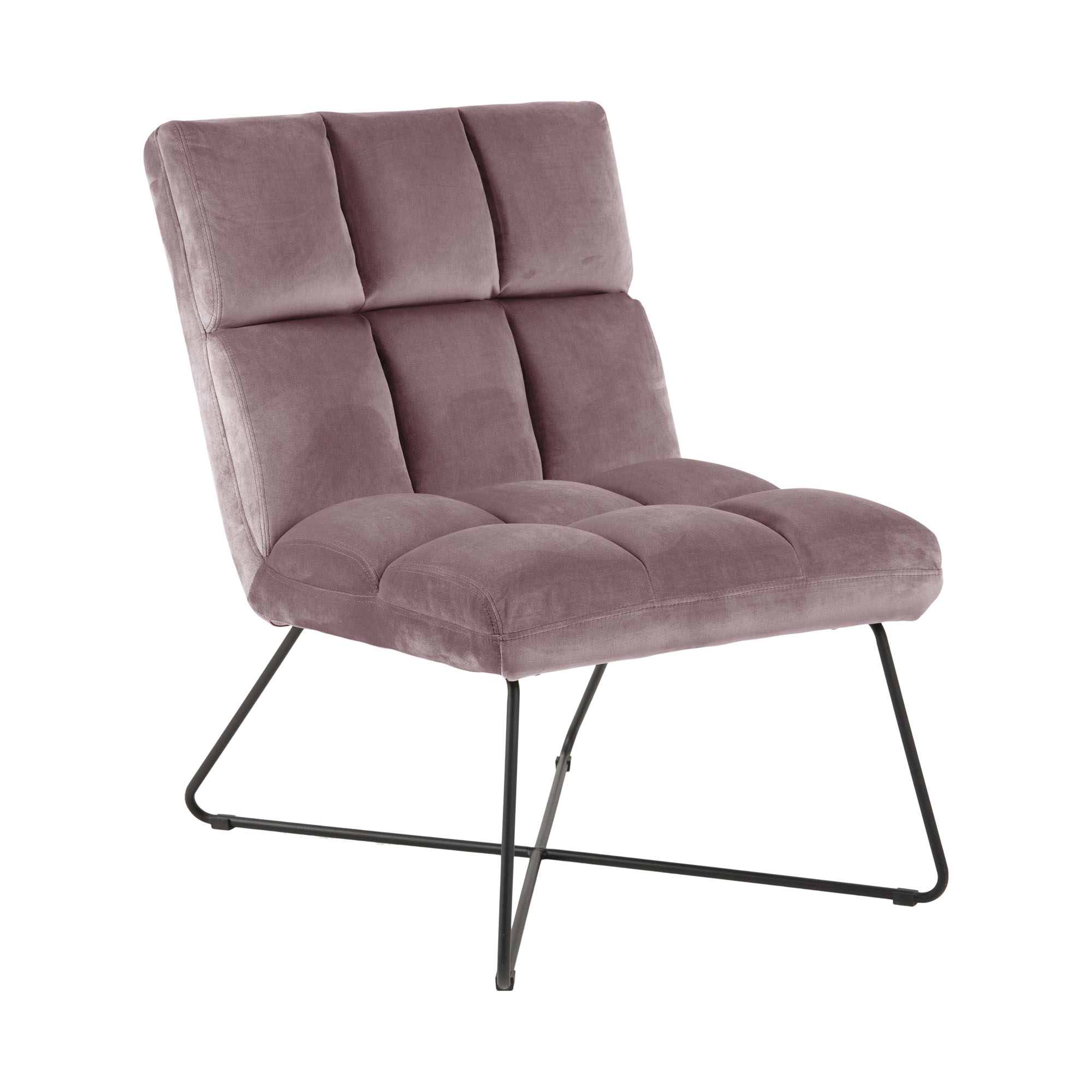 Loungestuhl mit Bezug in dusty rose, quadratischer Nahtoptik und schwarzem Metallgestell, schräg von vorne fotografiert