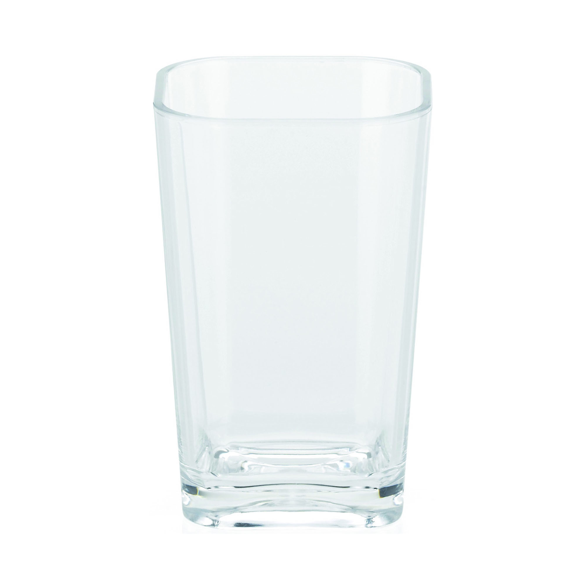 Transparenter Becher mit leicht schmal zulaufender Form auf weißem Hintergrund