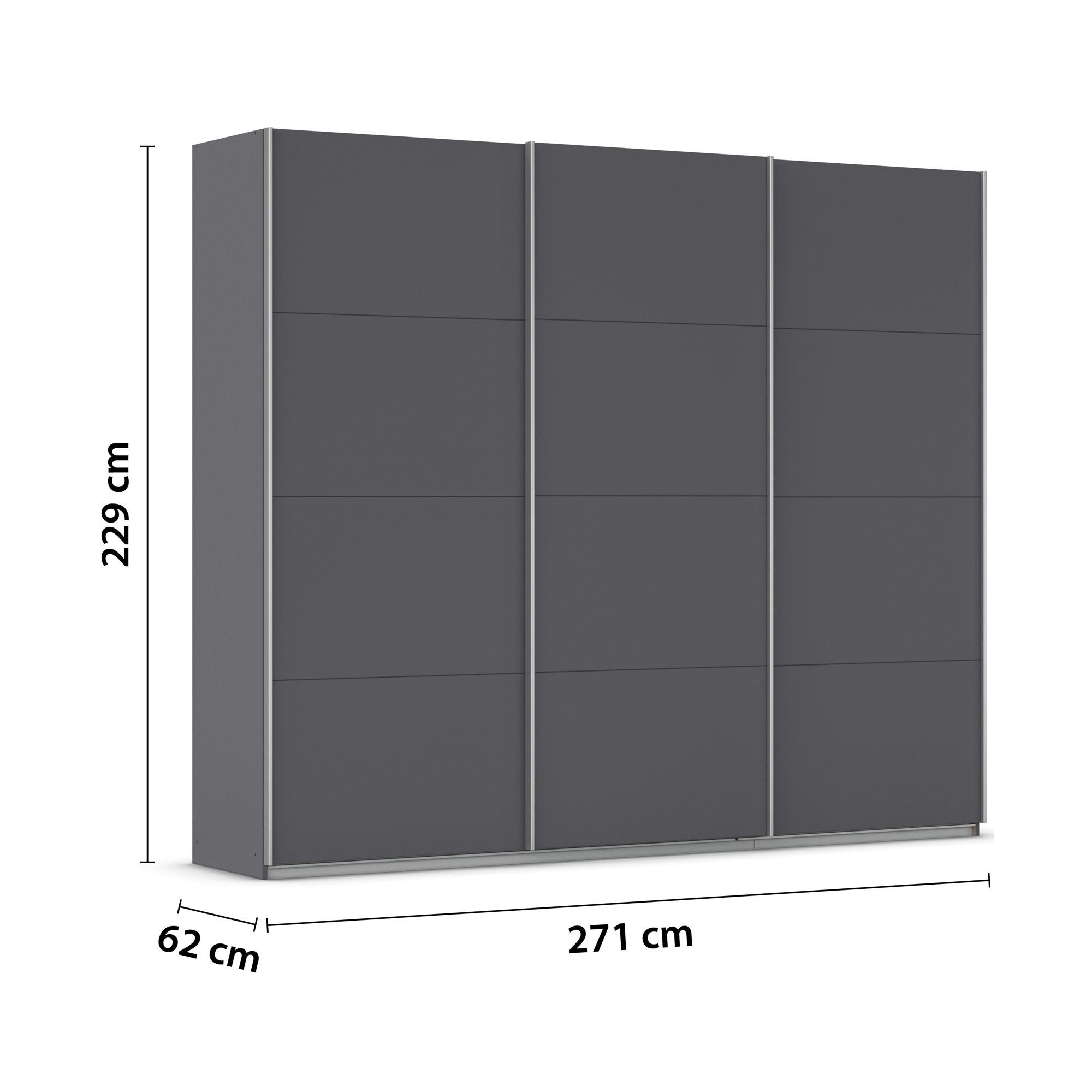 Grau-Metallicer Schwebetürenschrank mit Maßangaben 271 cm Breite, 229 cm Höhe und 62 cm Tiefe