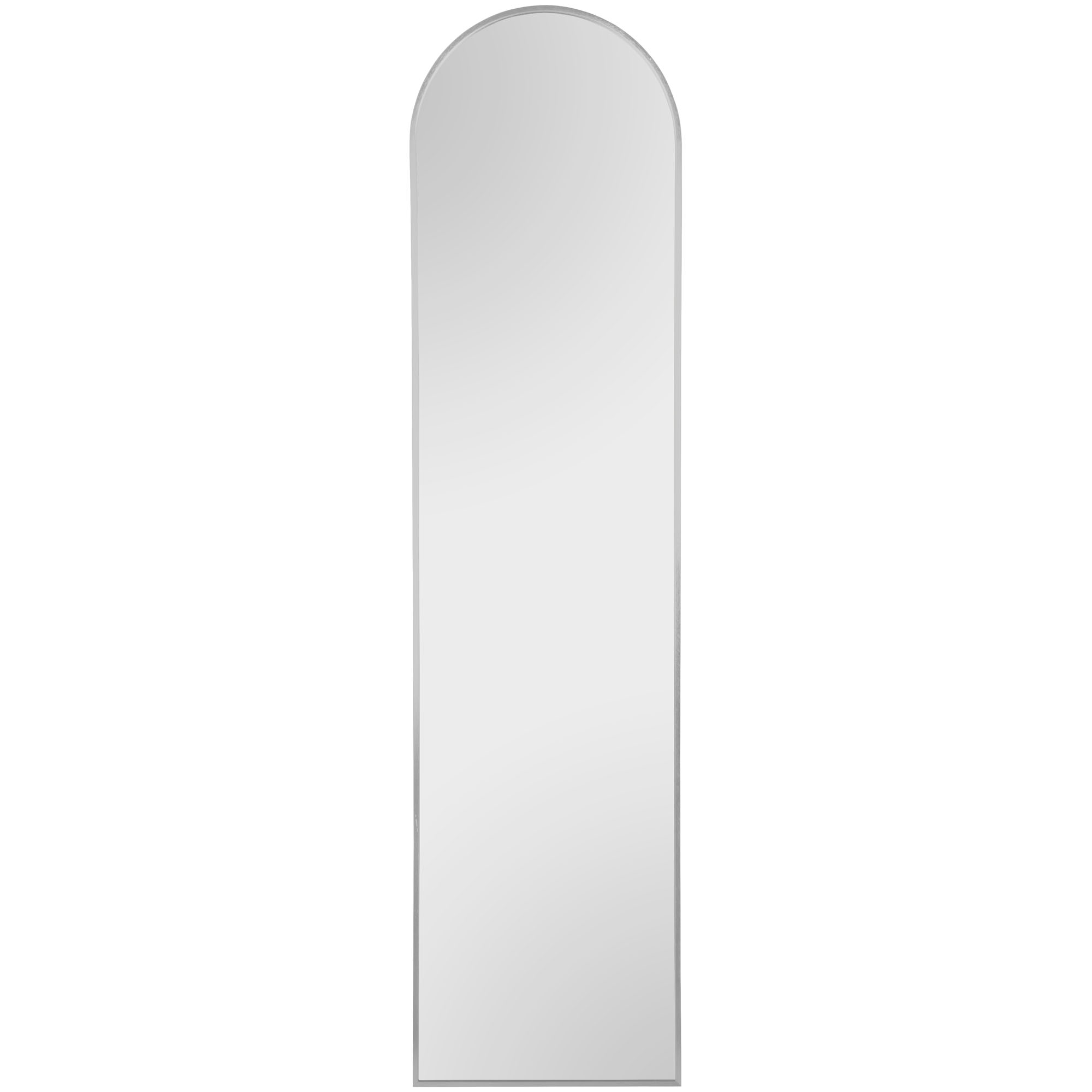 Standspiegel Britt in Silber, freigestellt in einer zweiten Gesamtansicht; zu sehen ist die hohe, schmale Form mit bogenförmig gerundetem oberen Abschluss und Standfuß; Maße ca. 40 x 160 x 4 cm.