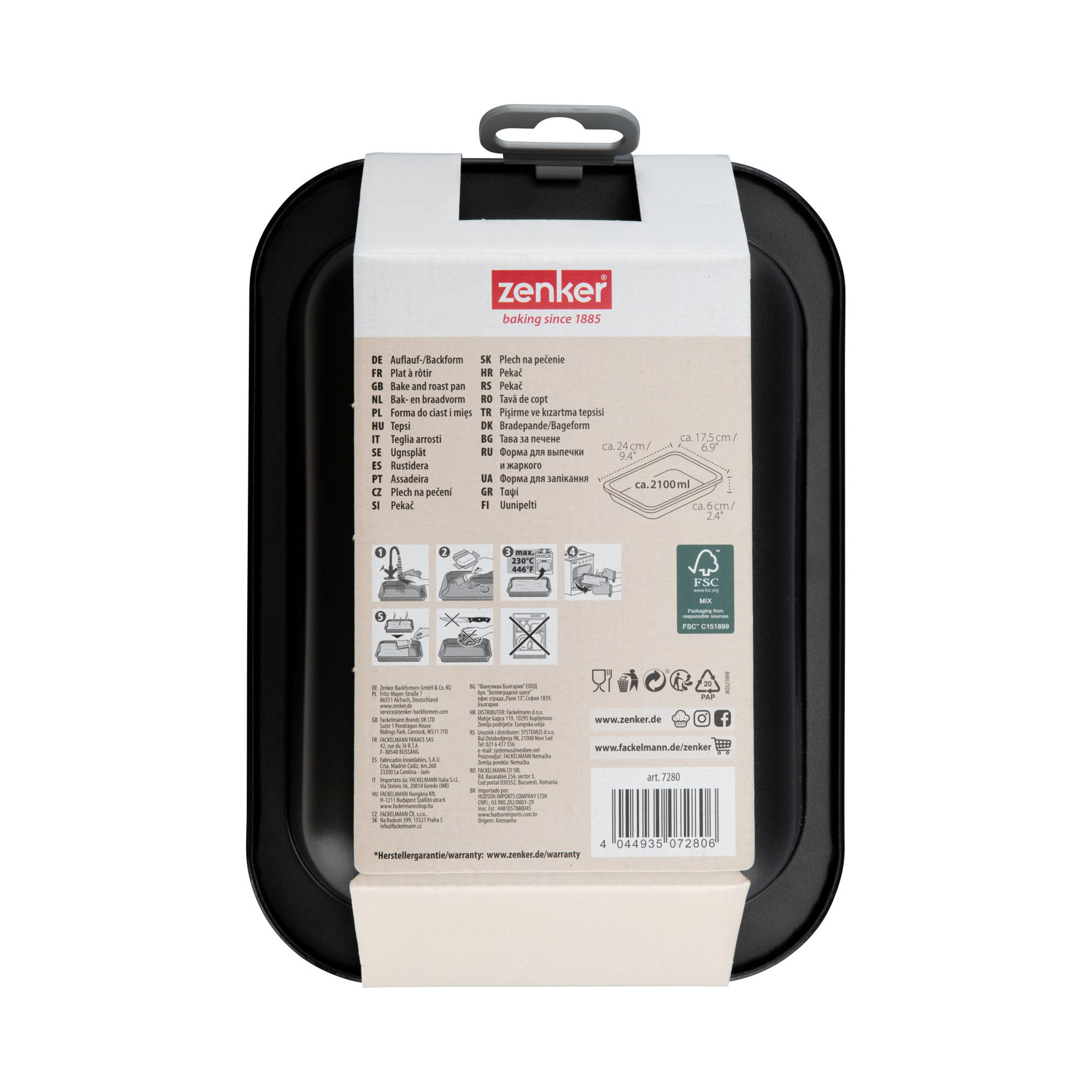 Rückseite der Verpackung einer Auflaufform mit Maßangaben, Symbolen und Produktinformationen