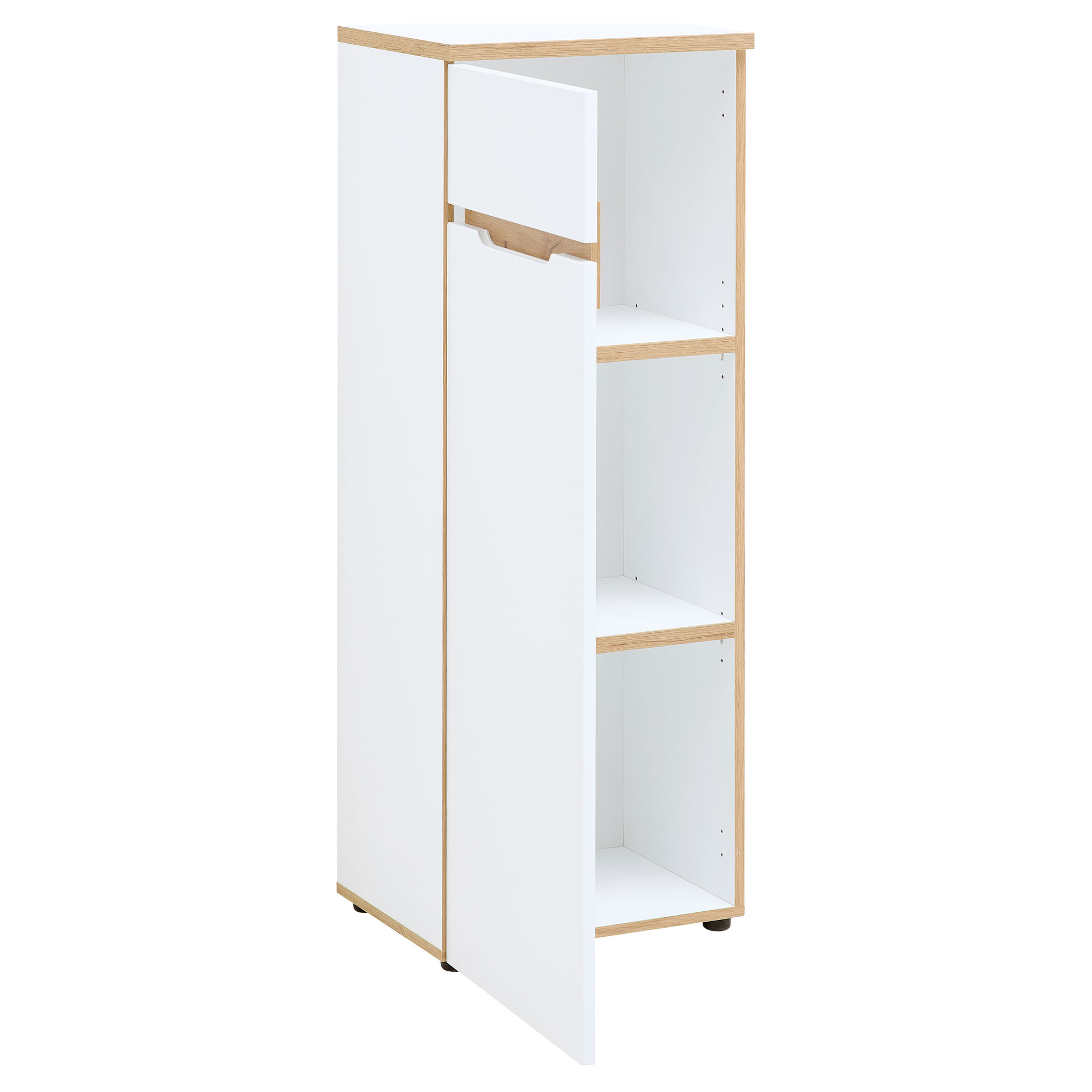 Weißer Hochschrank mit geöffneter Tür und sichtbaren Innenfächern sowie einer geöffneten oberen Schublade