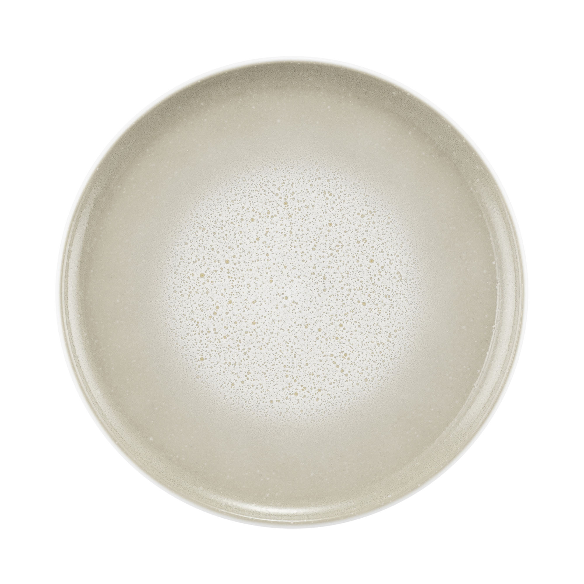 Teller in Grau-Beige. Sichtbare Merkmale: rund mit dicht gesprenkelter Oberfläche. Darstellung: Draufsicht.
