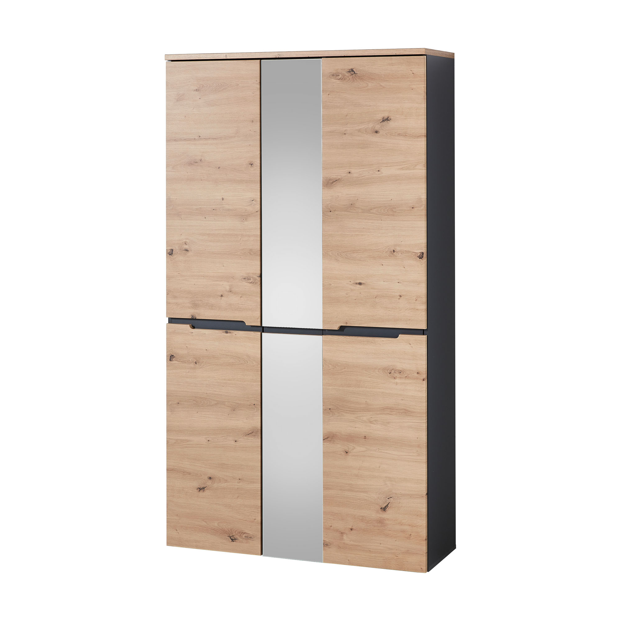Hoher Schrank in Holzoptik mit mittigem Spiegelelement und dunklen Seitenflächen, frontal leicht seitlich aufgenommen.