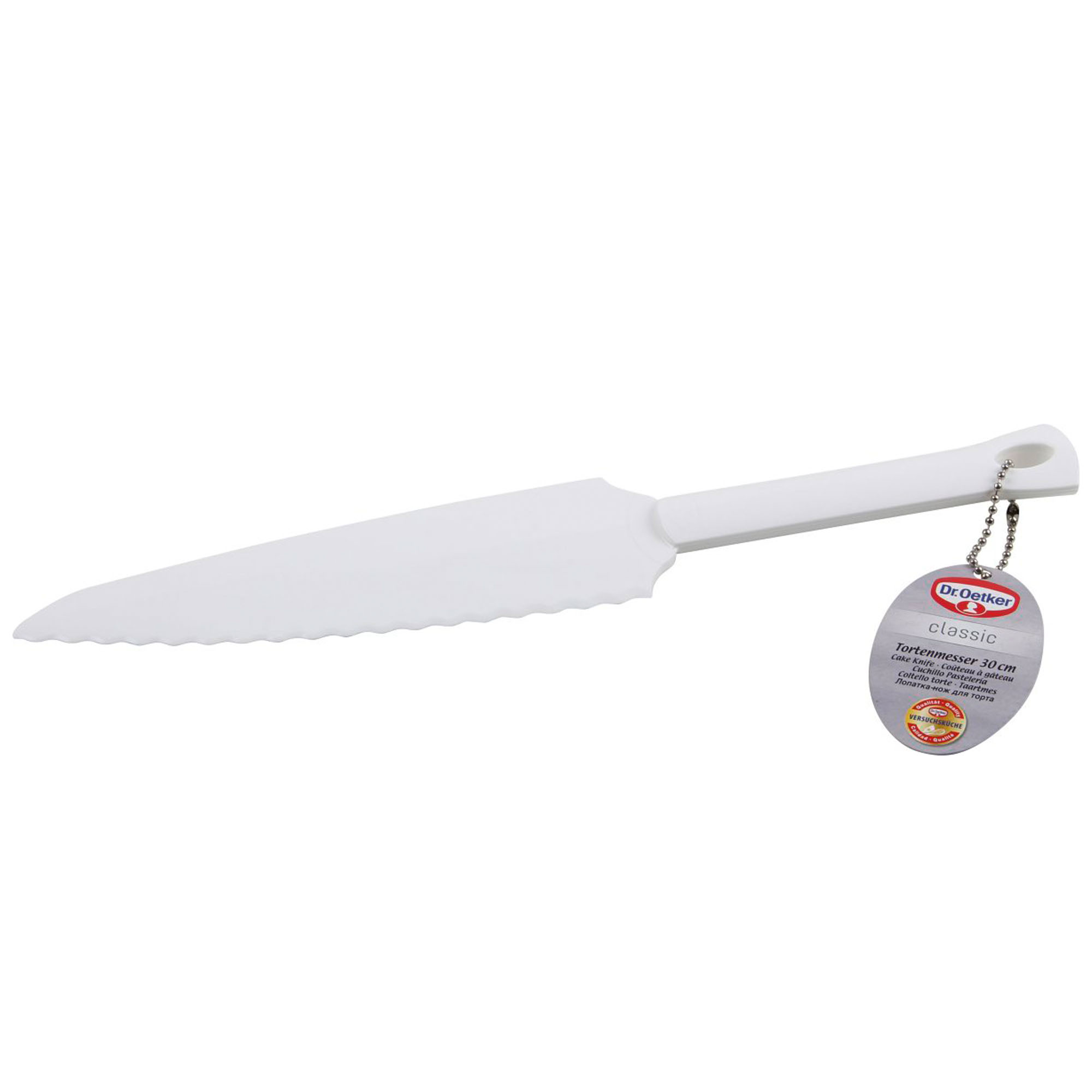 Tortenmesser von Dr Oetker mit gezahnter Klinge und Produktanhänger am Griff