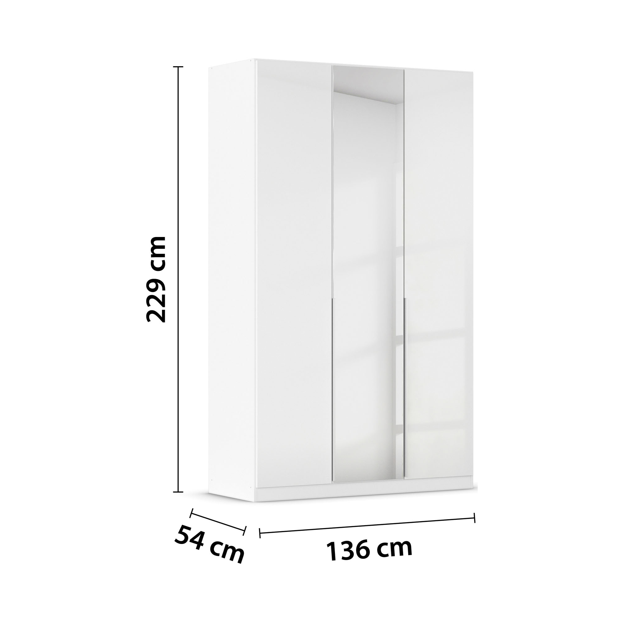 Weißer Drehtürenschrank in Hochglanz mit Spiegeltür und den Maßen 136 cm Breite, 229 cm Höhe und 54 cm Tiefe