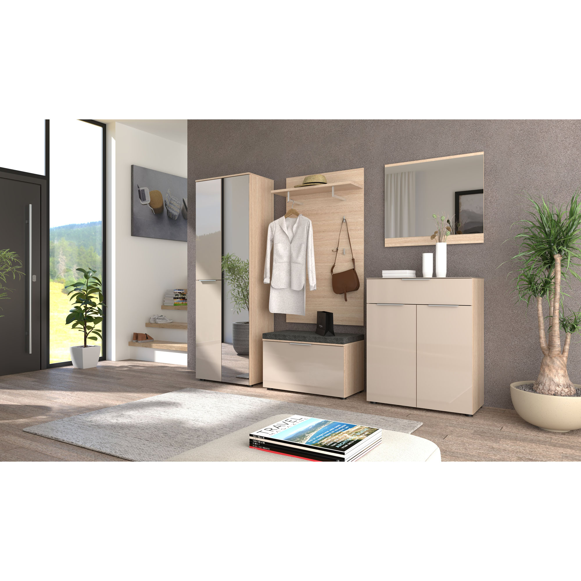 Wohnraumszene mit komplett eingerichtetem Garderobenbereich, bestehend aus Hochschrank, Paneel, Schuhbank, Spiegel und Kommode.