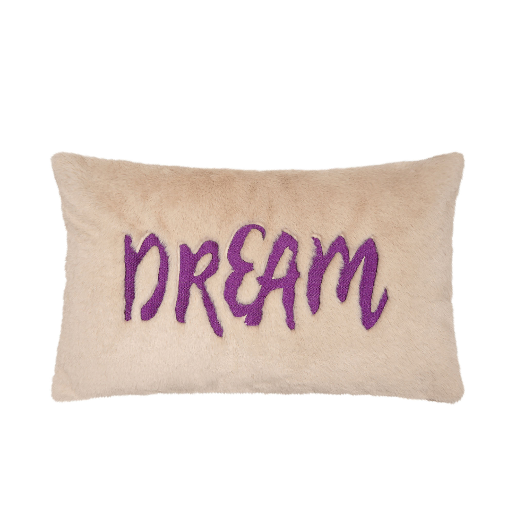 Pastellbeige Kissenhülle Gaze, 30 × 50 cm, mit großem violettem Schriftzug „DREAM“.