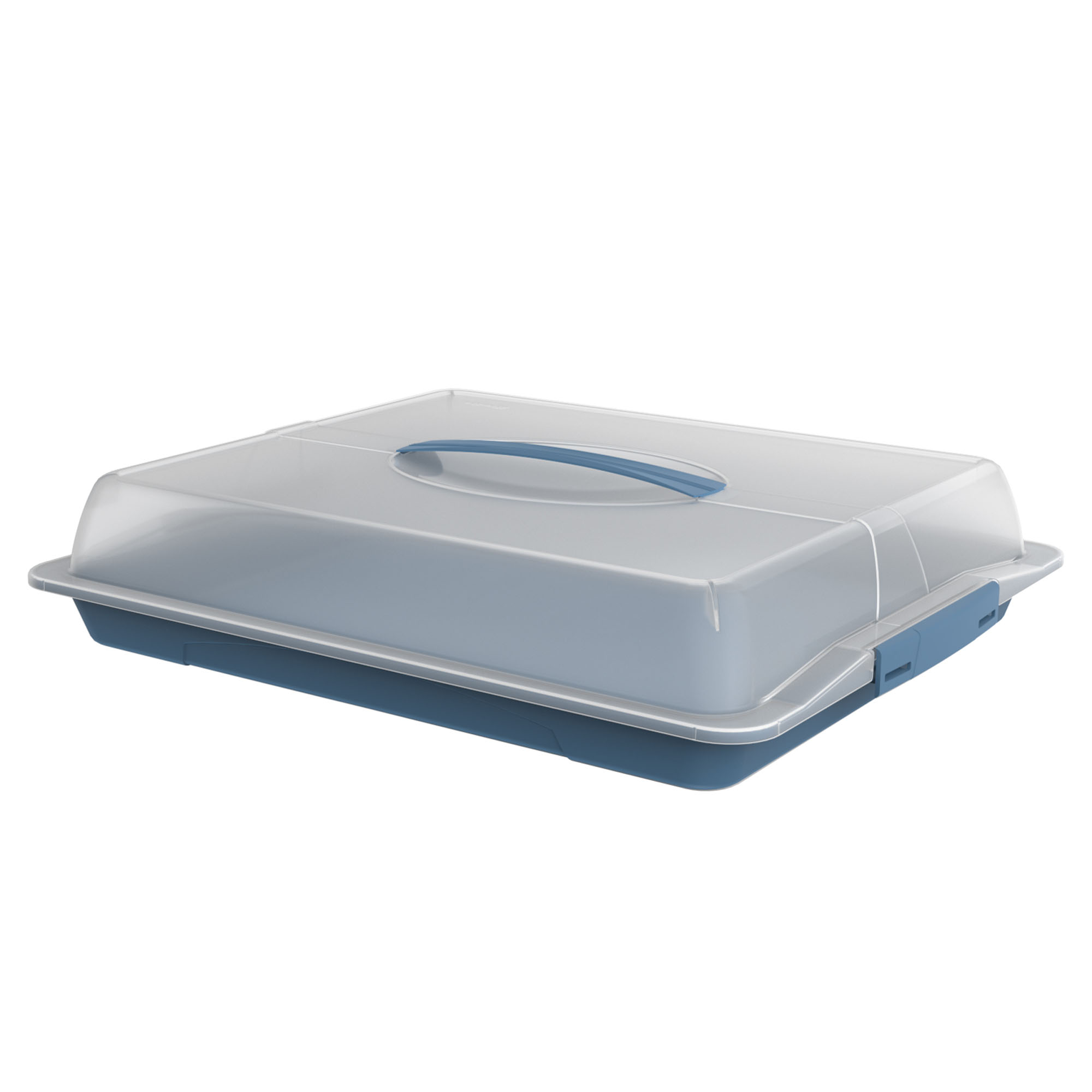 Rechteckige Kuchenbox aus Kunststoff mit transparentem Deckel und blauem Unterteil