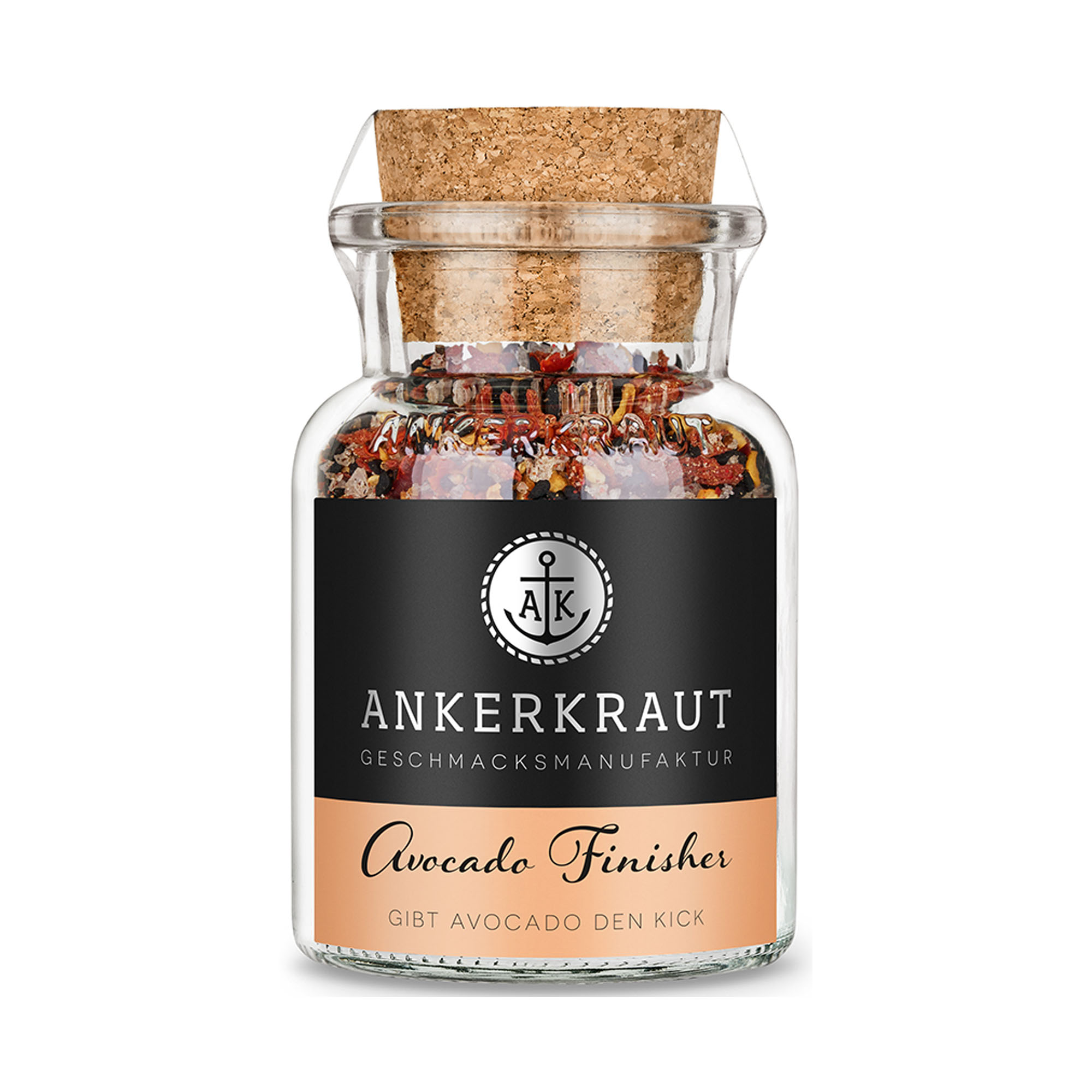 Ankerkraut Avocado Finisher in einem Korkenglas mit schwarzem Etikett; im oberen Glasbereich sind grobe rote und helle Stücke erkennbar.