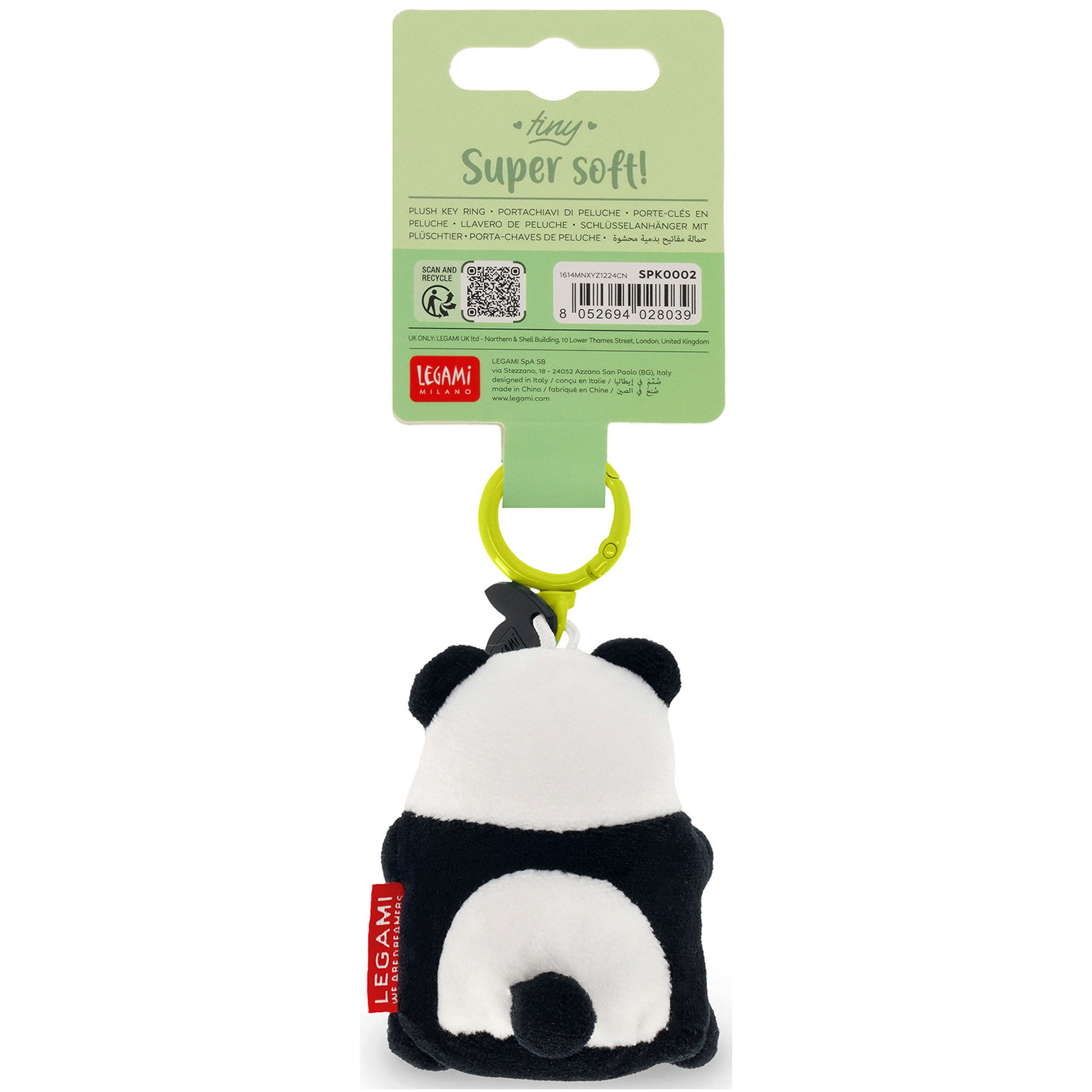 Panda-Plüsch-Schlüsselanhänger mit Bambus, von hinten an der Kartonaufhängung gezeigt.