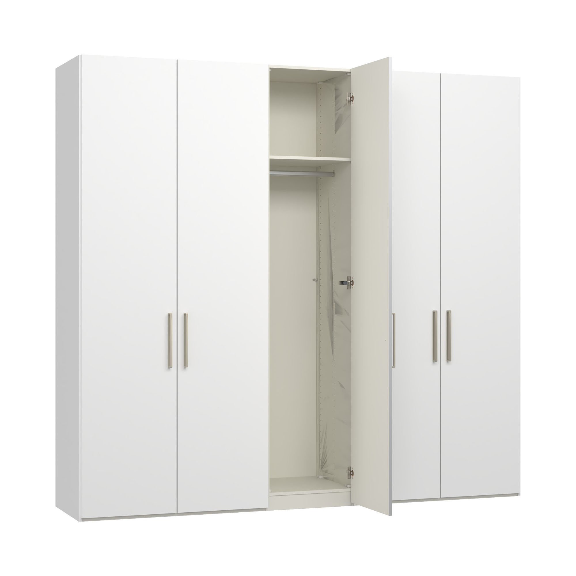 Drehtürenschrank mit geöffneter mittlerer Tür und sichtbarem Innenraum mit Fachboden und Kleiderstange