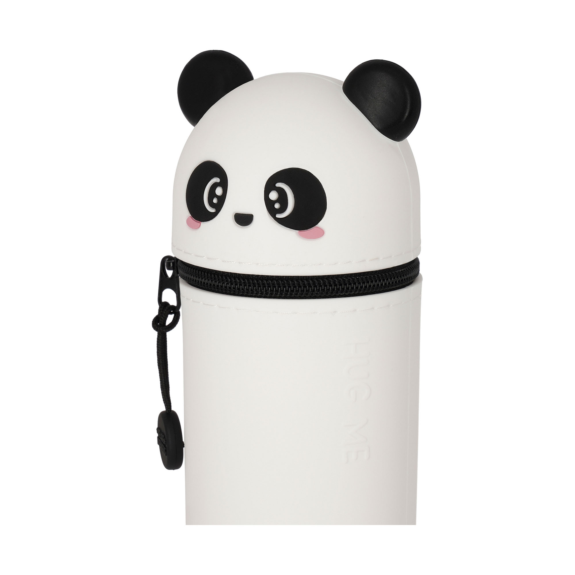 Weißes 2-in-1-Silikon-Federmäppchen im Panda-Design, geschlossen in Nahansicht mit Pandagesicht und Reißverschluss gezeigt.