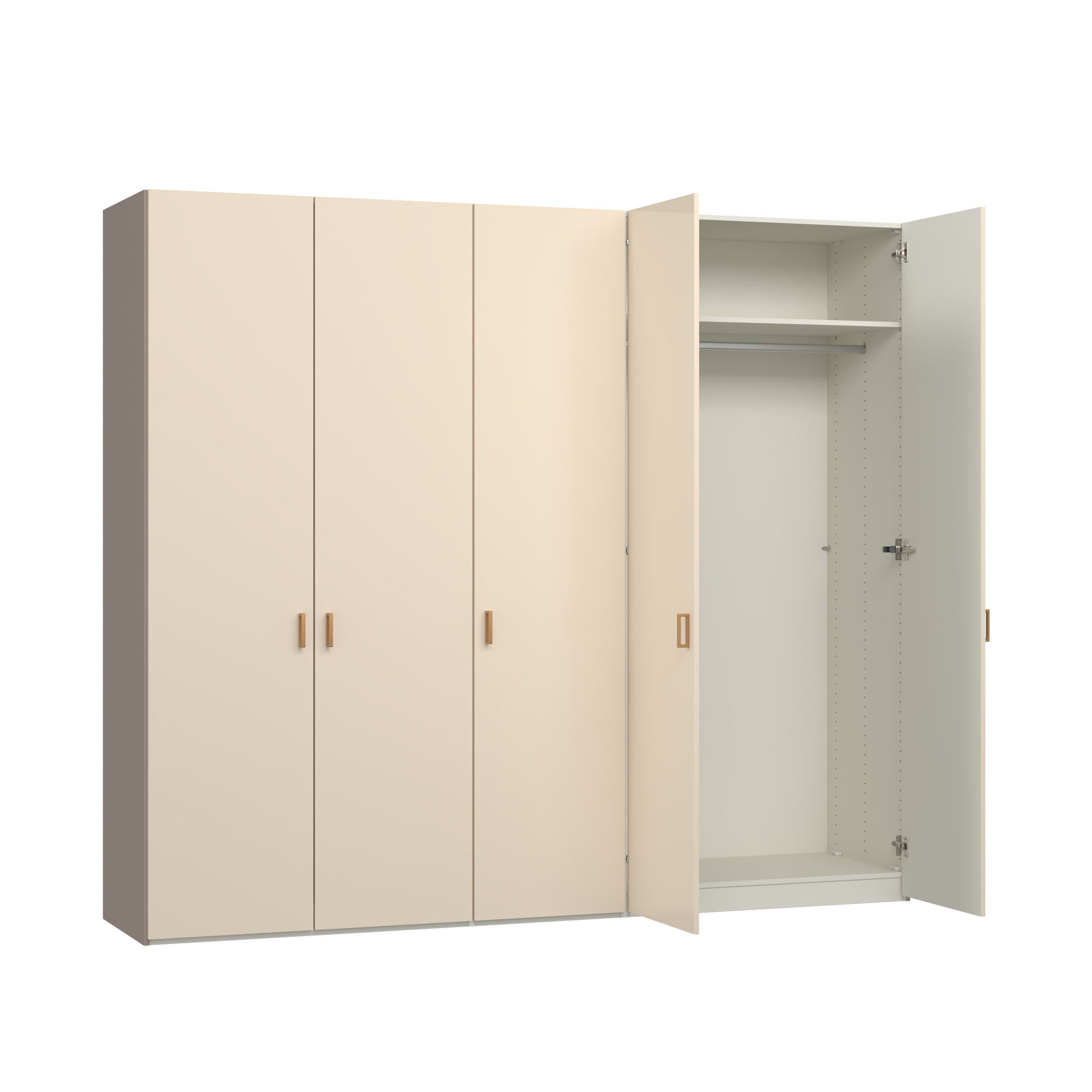 fünftüriger Kleiderschrank mit links geöffnetem Schrankteil und sichtbarem Innenraum