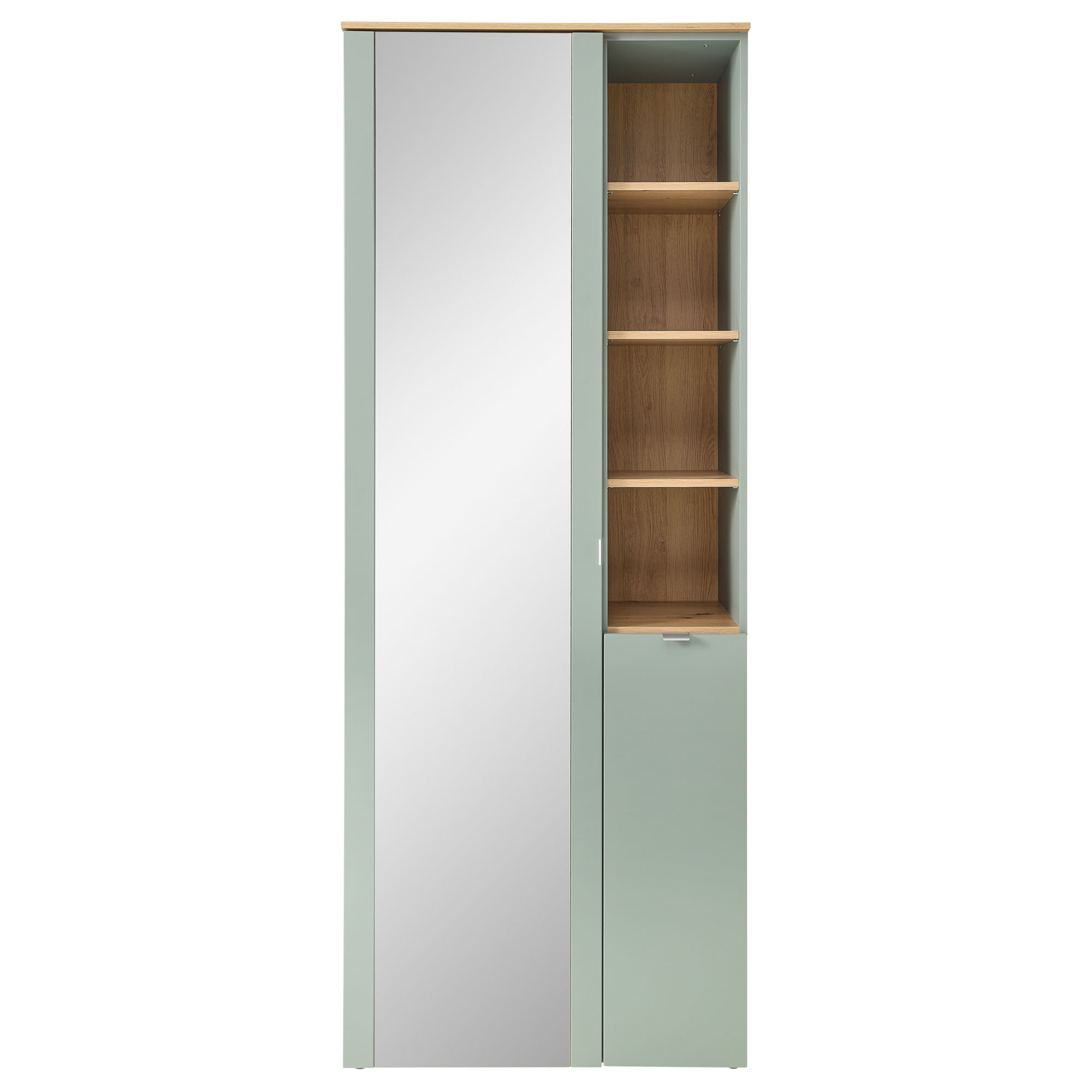 Garderobenschrank frontal aufgenommen, links mit großer Spiegeltür und rechts mit offenen Holzfächern sowie unterem Fach mit Tür.