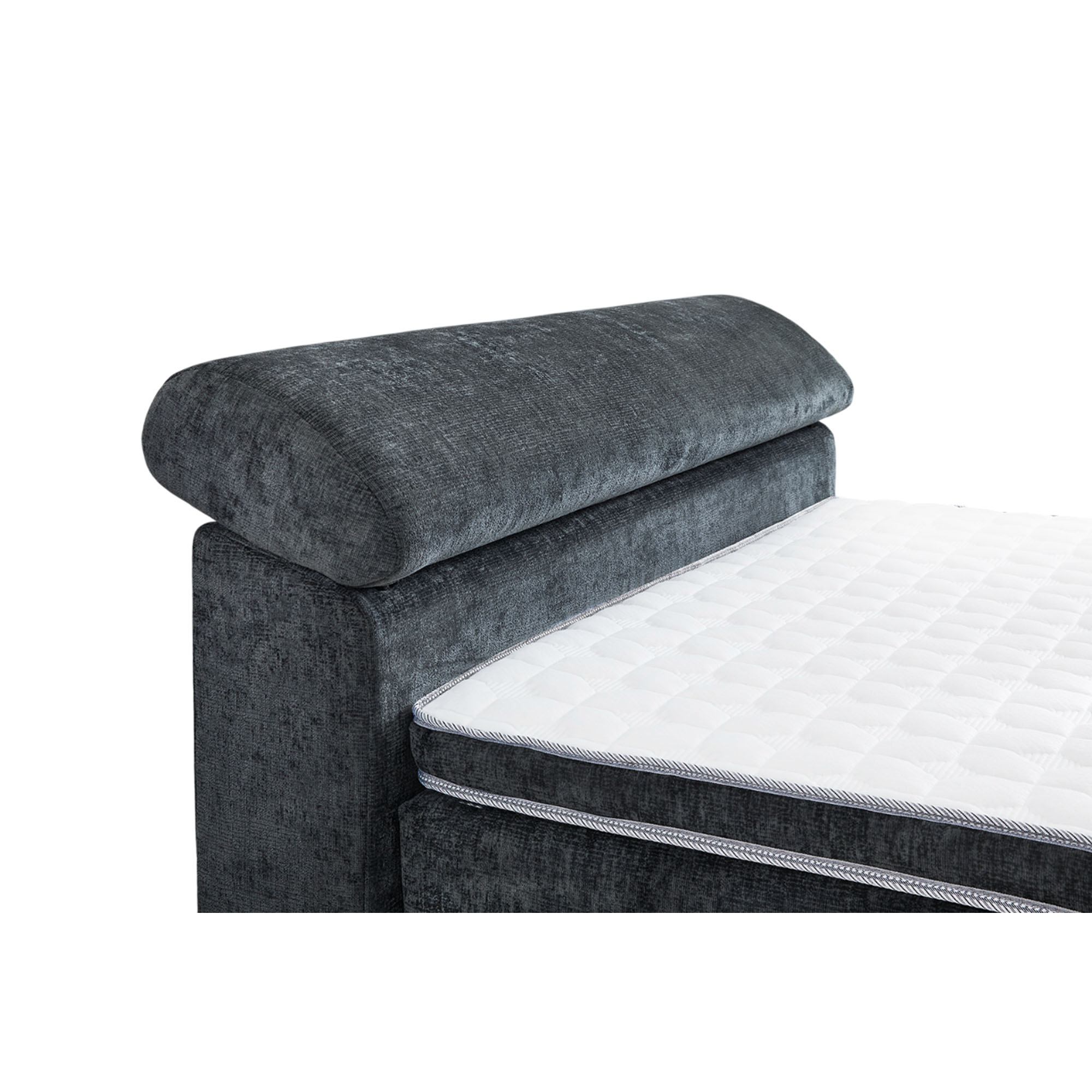 Nahaufnahme des Kopfteils eines Boxspringbetts in Grau mit Liegefläche 140×200 cm, Kopfteil in der unteren Normalstellung des verstellbaren Rasters