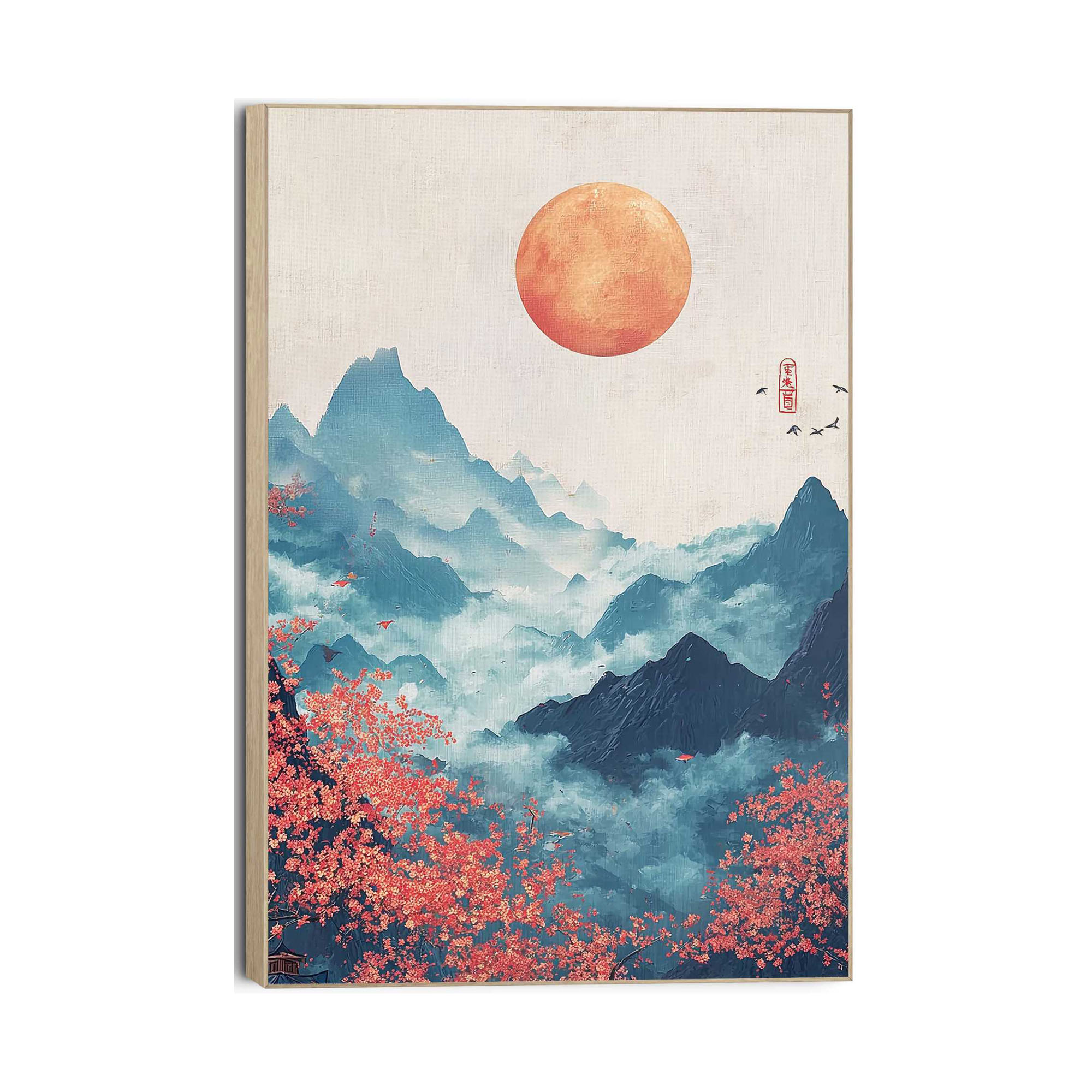 Frontansicht des Wandbilds „Japanese Landscape“ in Blau, Größe 90 × 60 cm; das vollständige Motiv ist zu sehen.