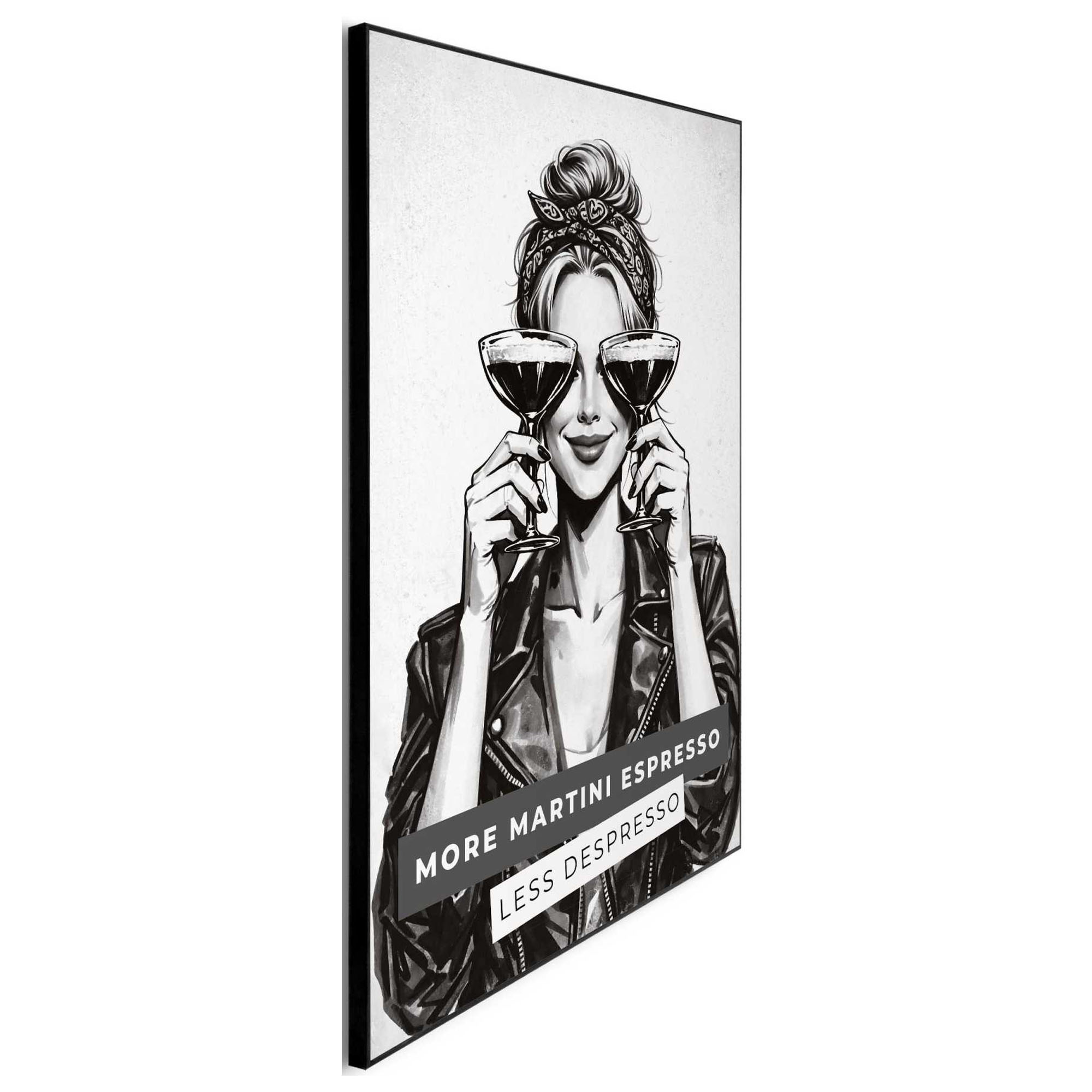 Seitliche Schrägansicht des Wandbilds „Less Depresso“, 50 × 70 cm; Profil, Kante und Tiefe des Bildes sind erkennbar.