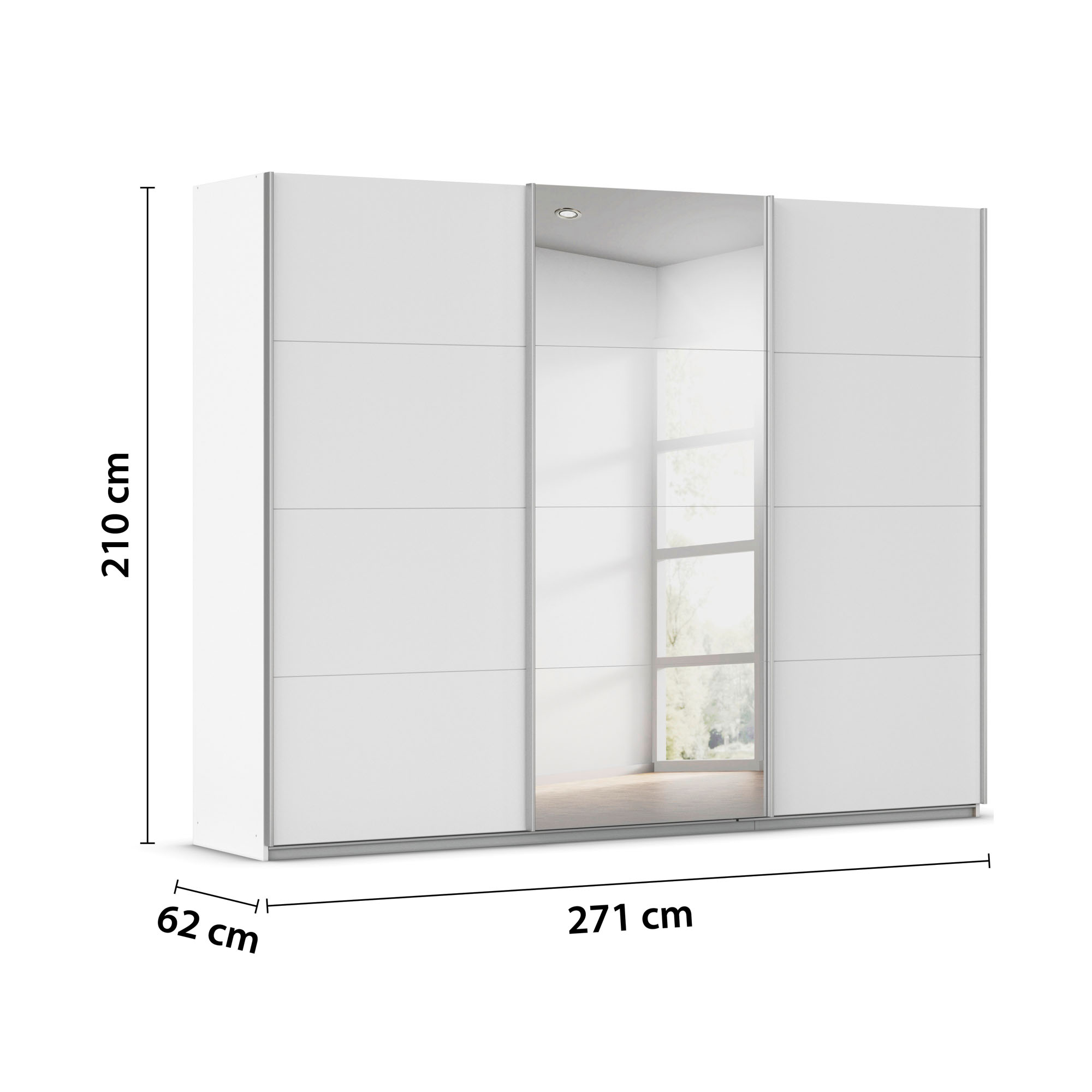 Bemaßter Kleiderschrank mit 271 cm Breite, 210 cm Höhe und 62 cm Tiefe