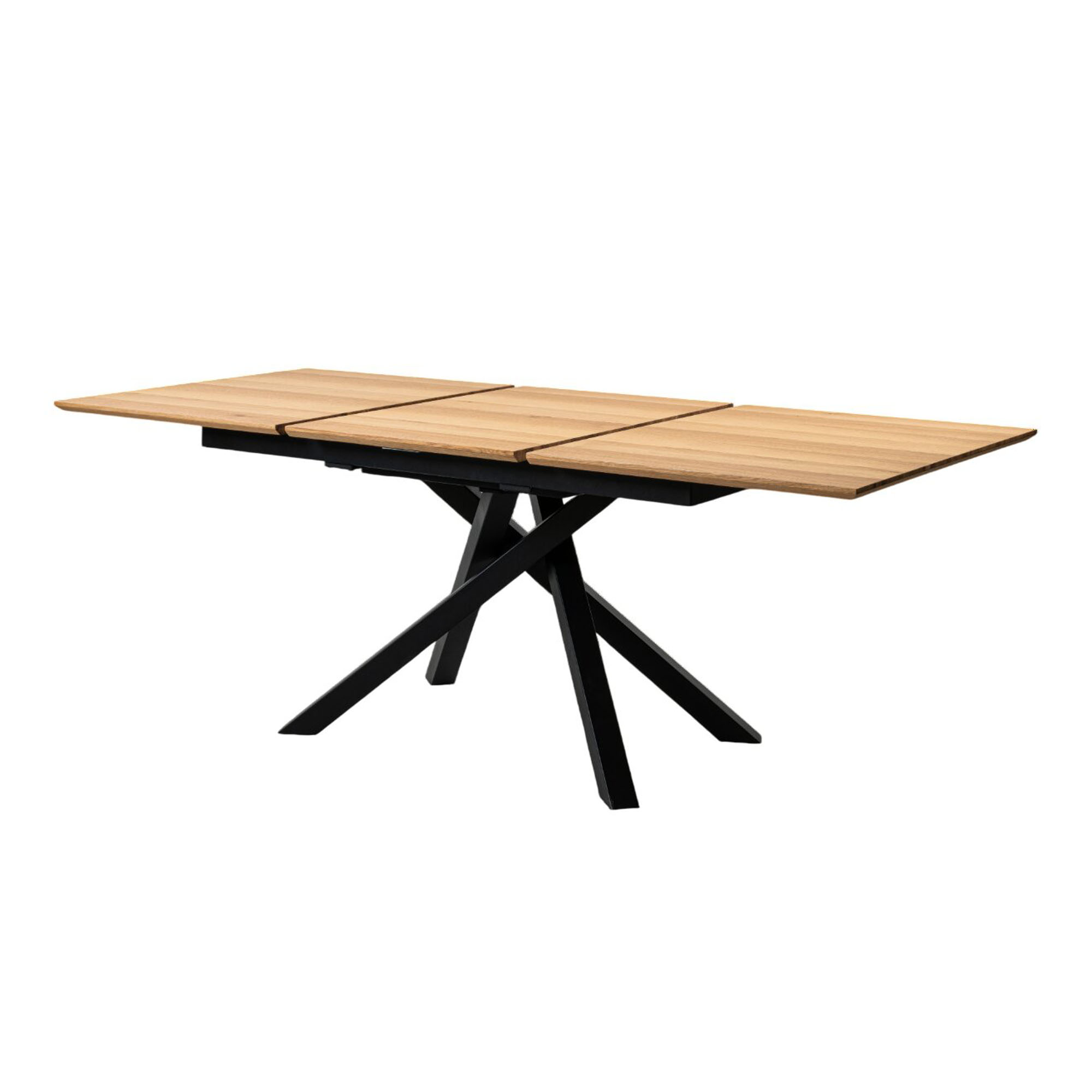 Esstisch mit geschlossener Holzplatte und schwarzem Metall Kreuzgestell
