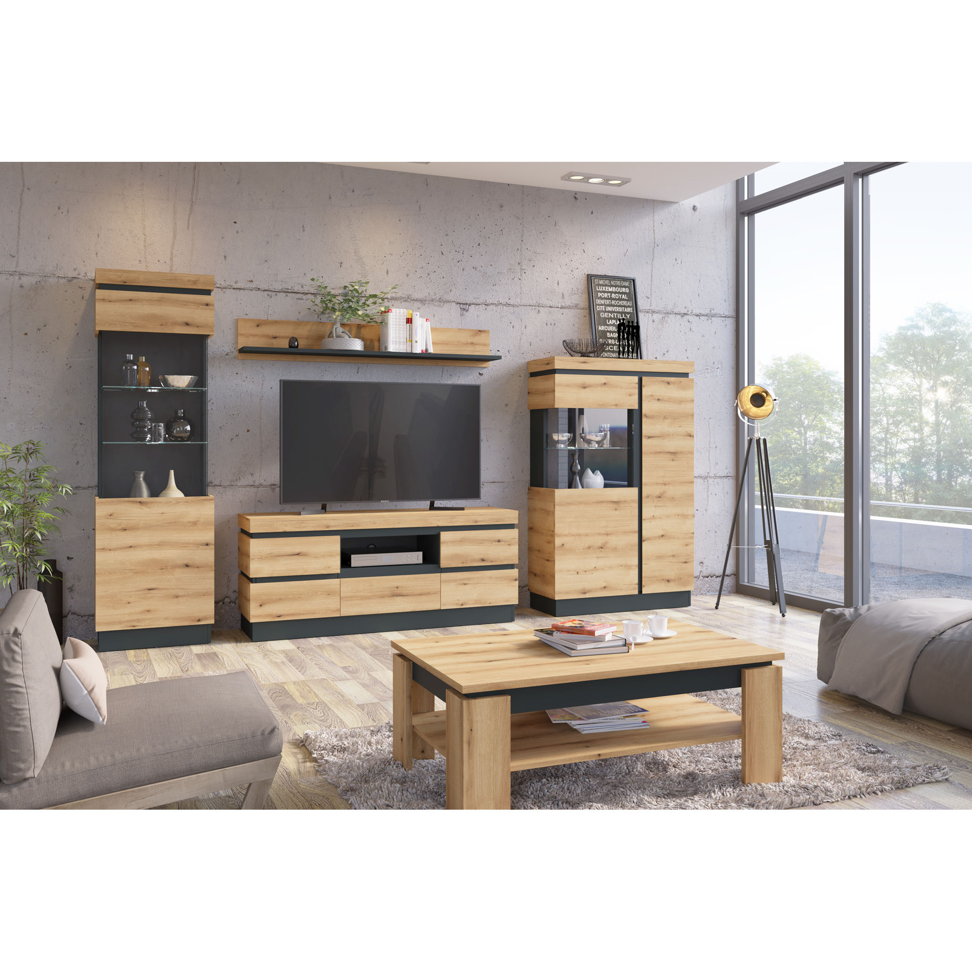 Moderne Wohnkombination Coast mit Couchtisch, TV-Unterteil, Vitrinen und Wandboard in Evoke Eiche mit Absetzungen in Kosmos Grau